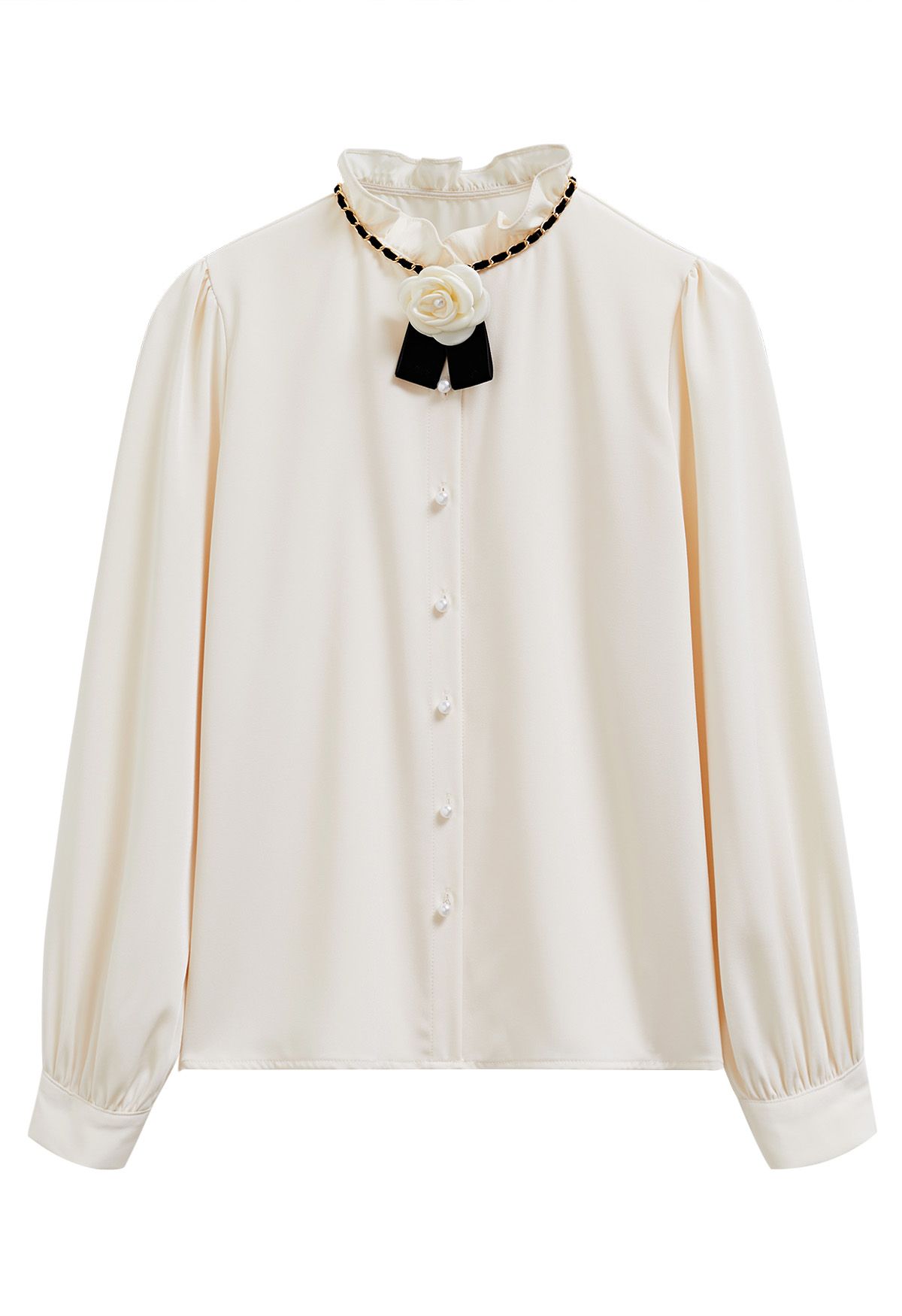 Pearly Rose Chain Ruffle Neckline Buttoned Shirt in Cream