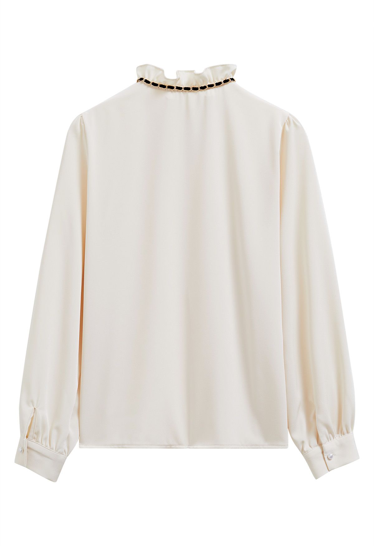 Pearly Rose Chain Ruffle Neckline Buttoned Shirt in Cream
