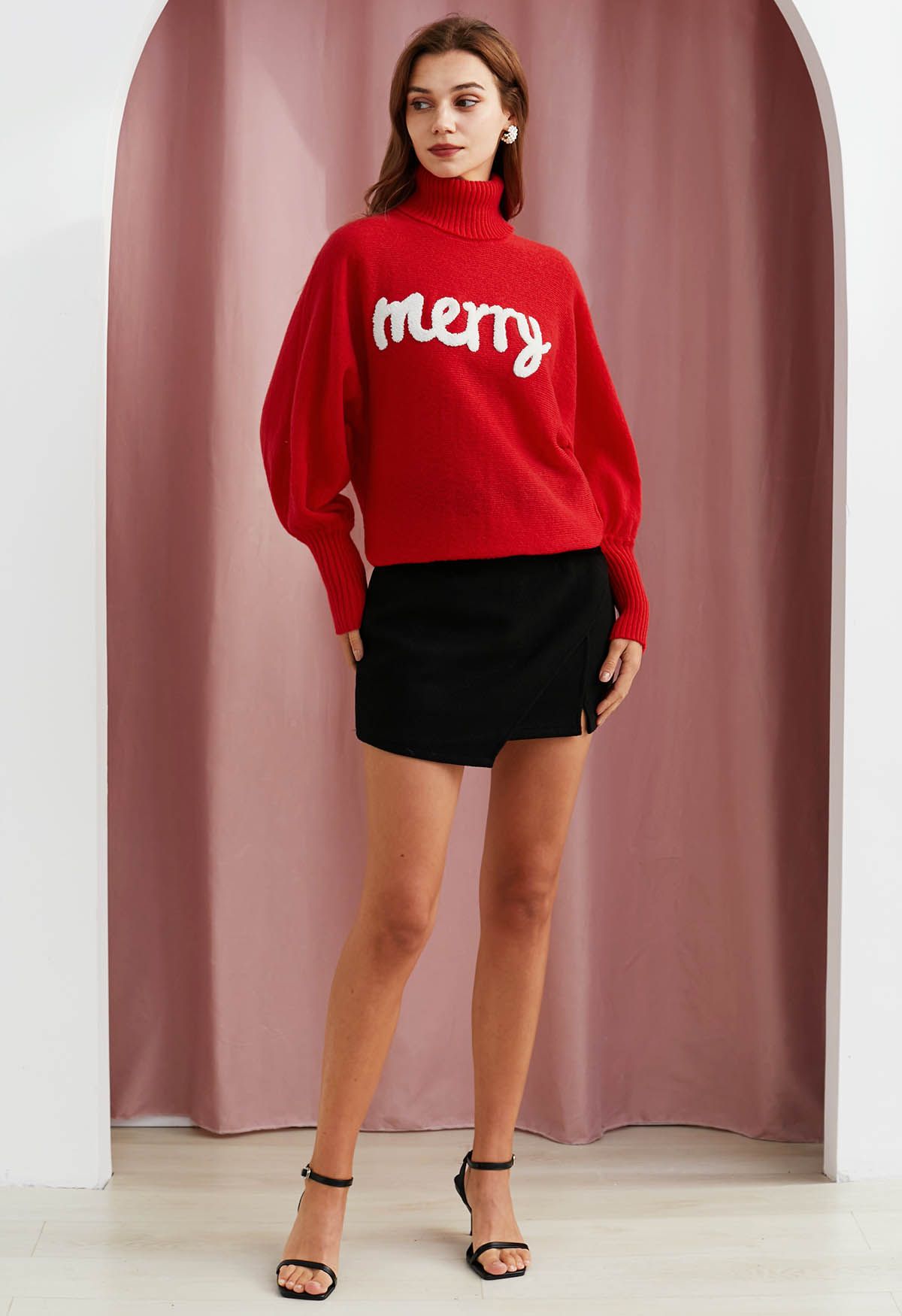Merry Turtleneck Batwing Sleeve Knit Sweater in Red