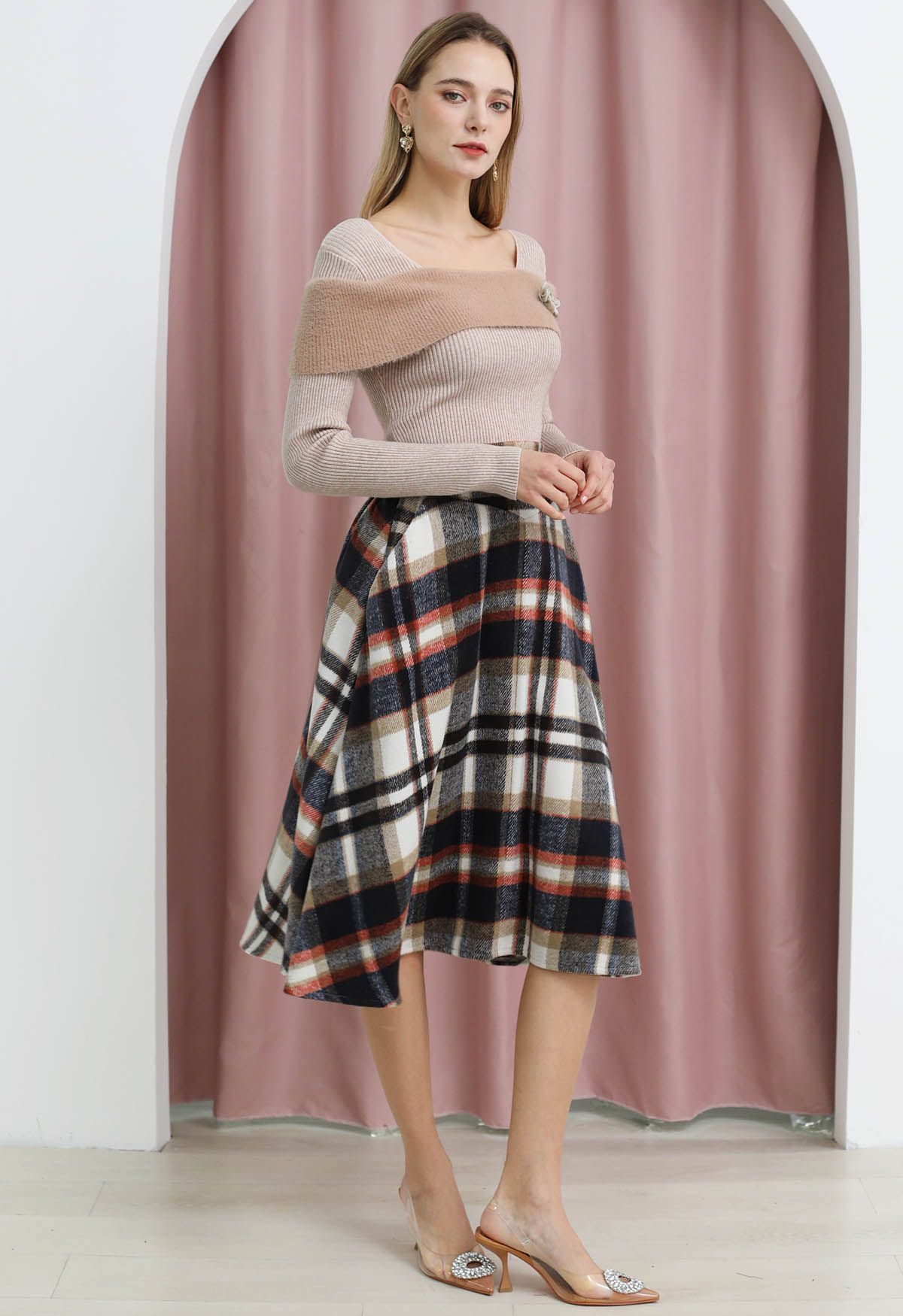 Multicolor Check Print Wool-Blend A-Line Skirt in Grey