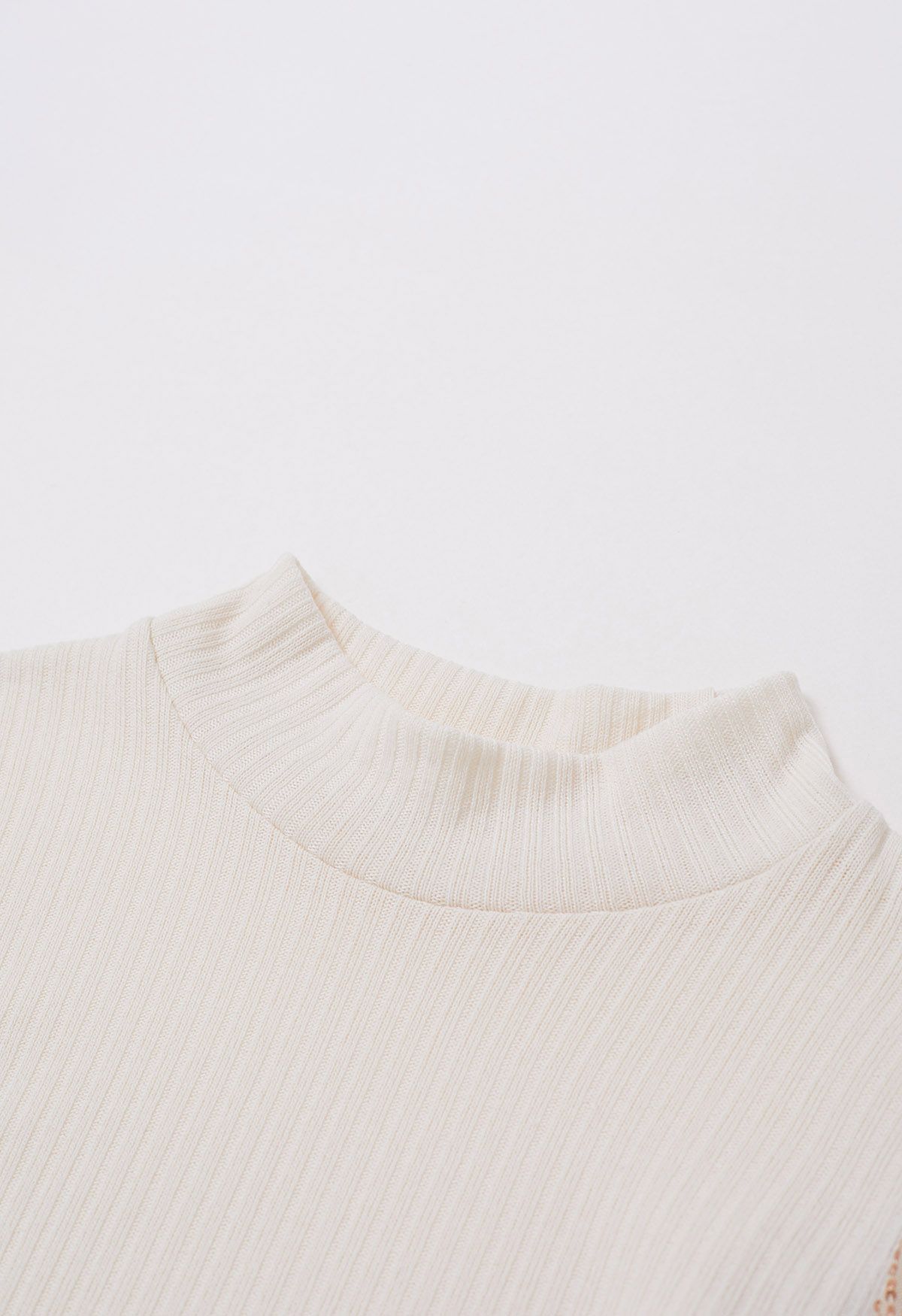 Sequin Mesh Sleeves Mock Neck Knit Top in Cream