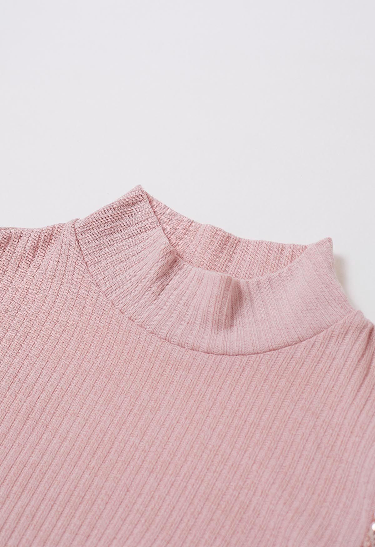 Sequin Mesh Sleeves Mock Neck Knit Top in Pink