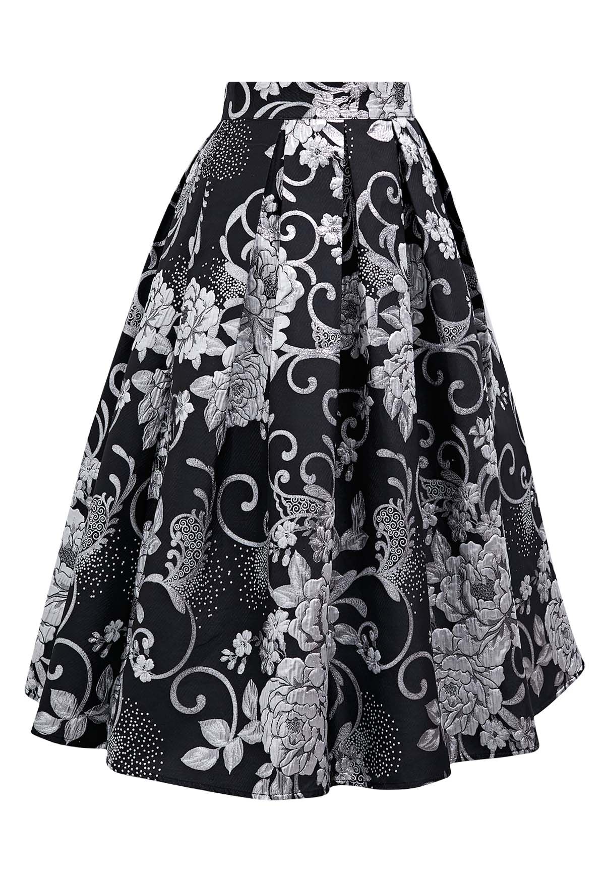 Florescent Jacquard A-Line Pleated Midi Skirt in Black
