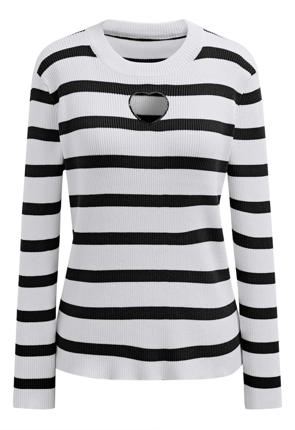 Heart Cut Out Stripe Knit Top in Black