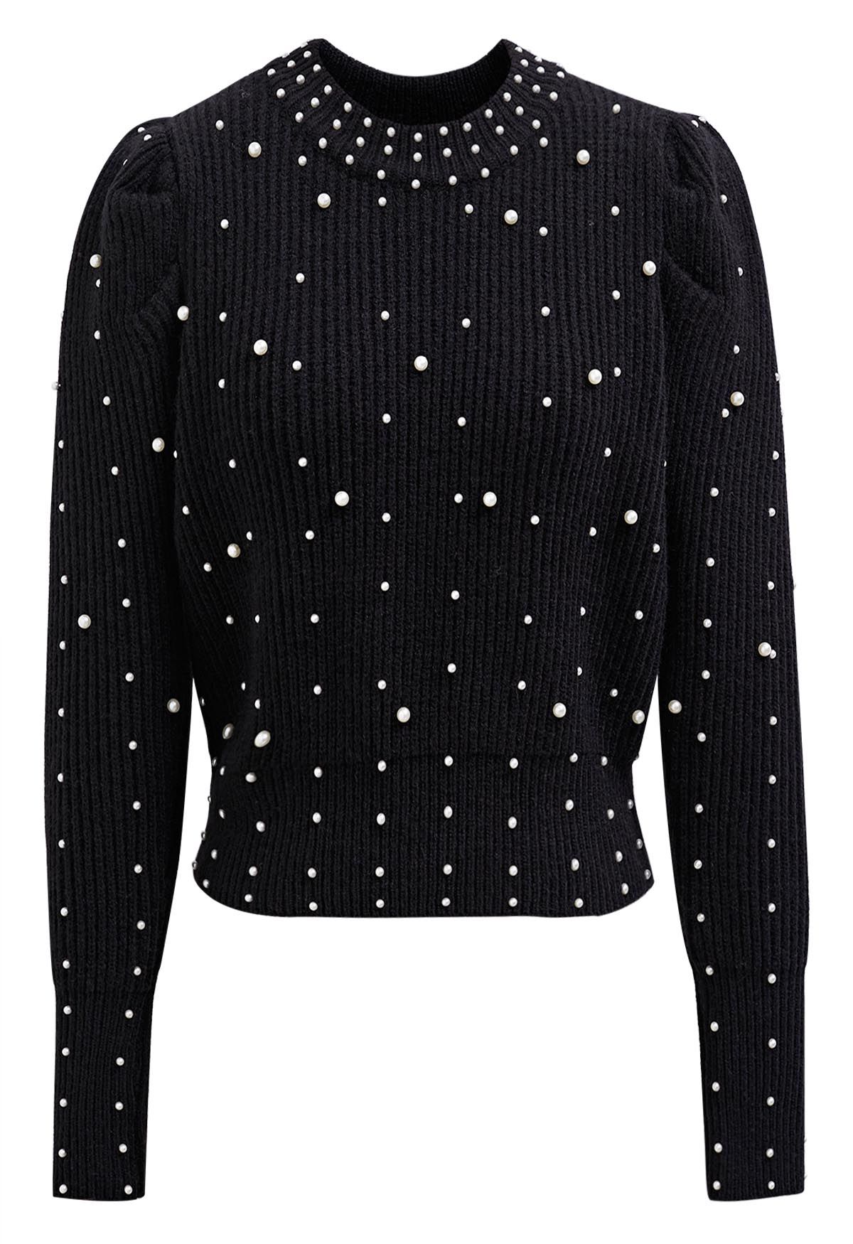 Pearl Embellished Puff Sleeve Knit Sweater in Black