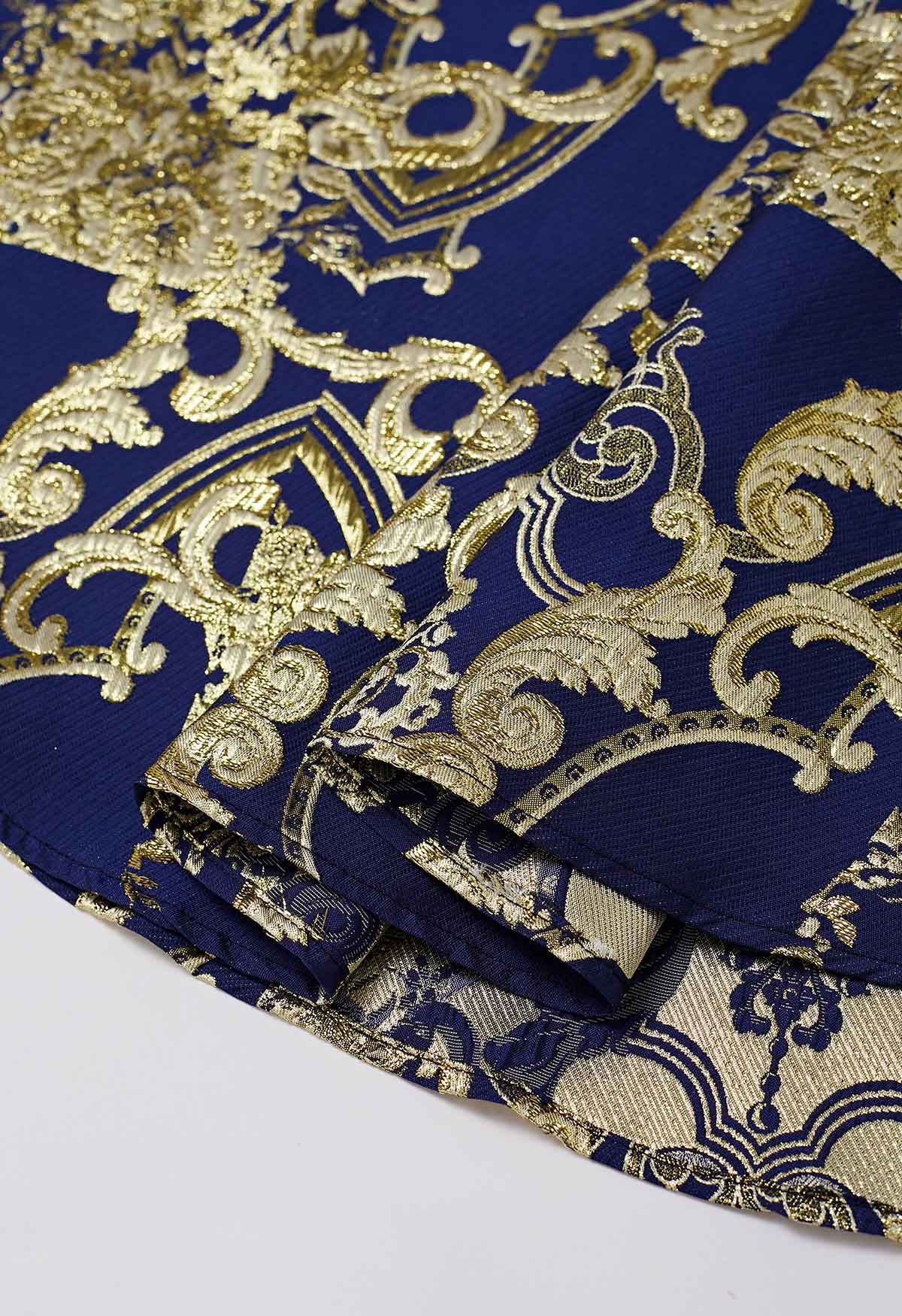 Glamorous Metallic Thread Baroque Jacquard Maxi Skirt in Navy