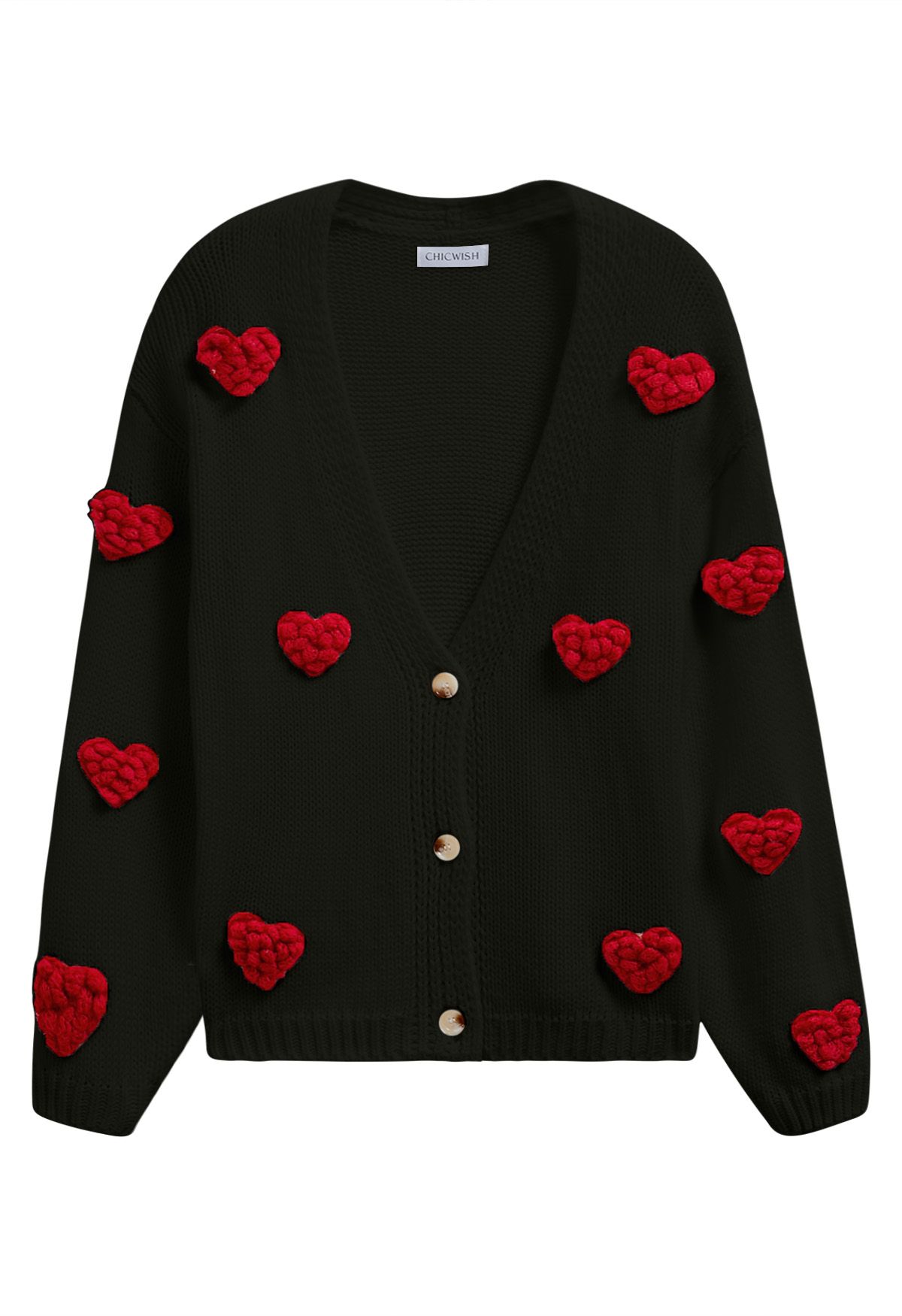 Romantic 3D Heart Knit Cardigan in Black