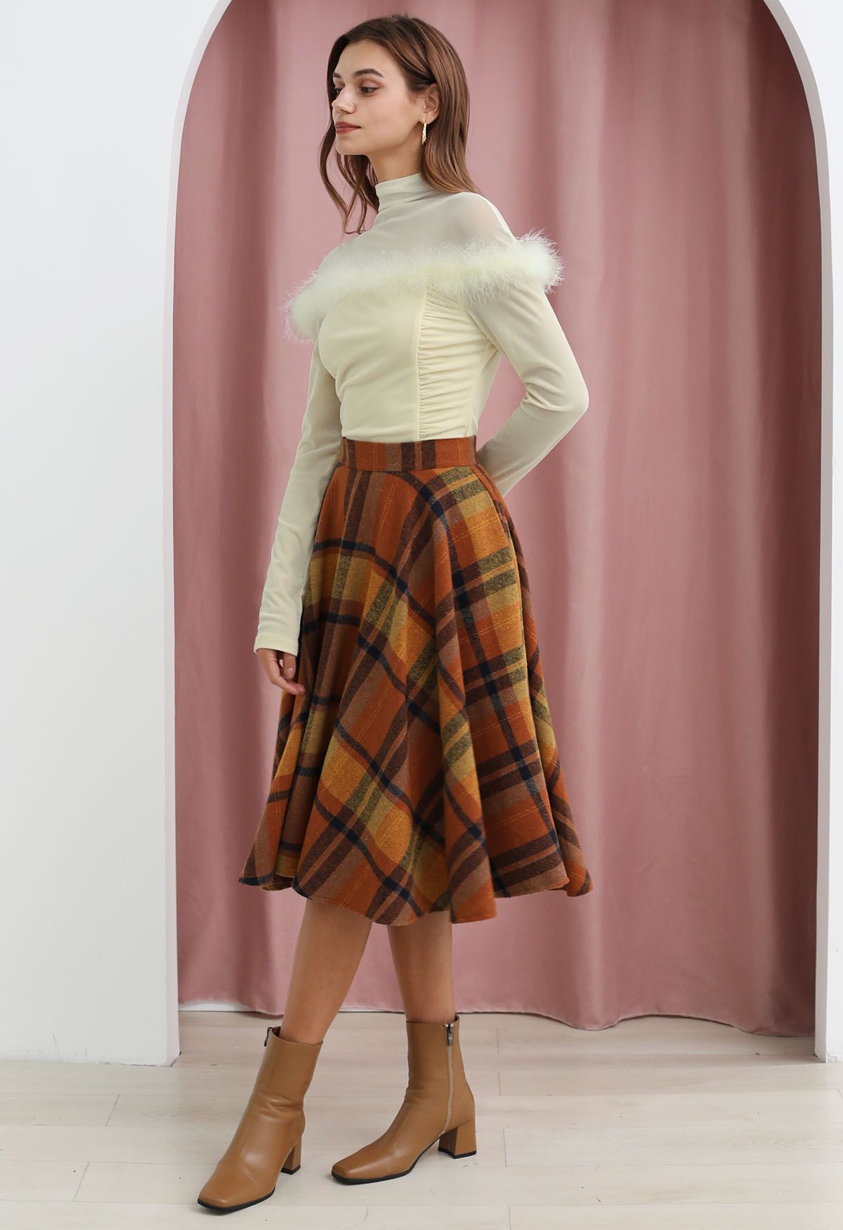 Perfect in Plaid A-Line Wool-Blend Midi Skirt in Pumpkin
