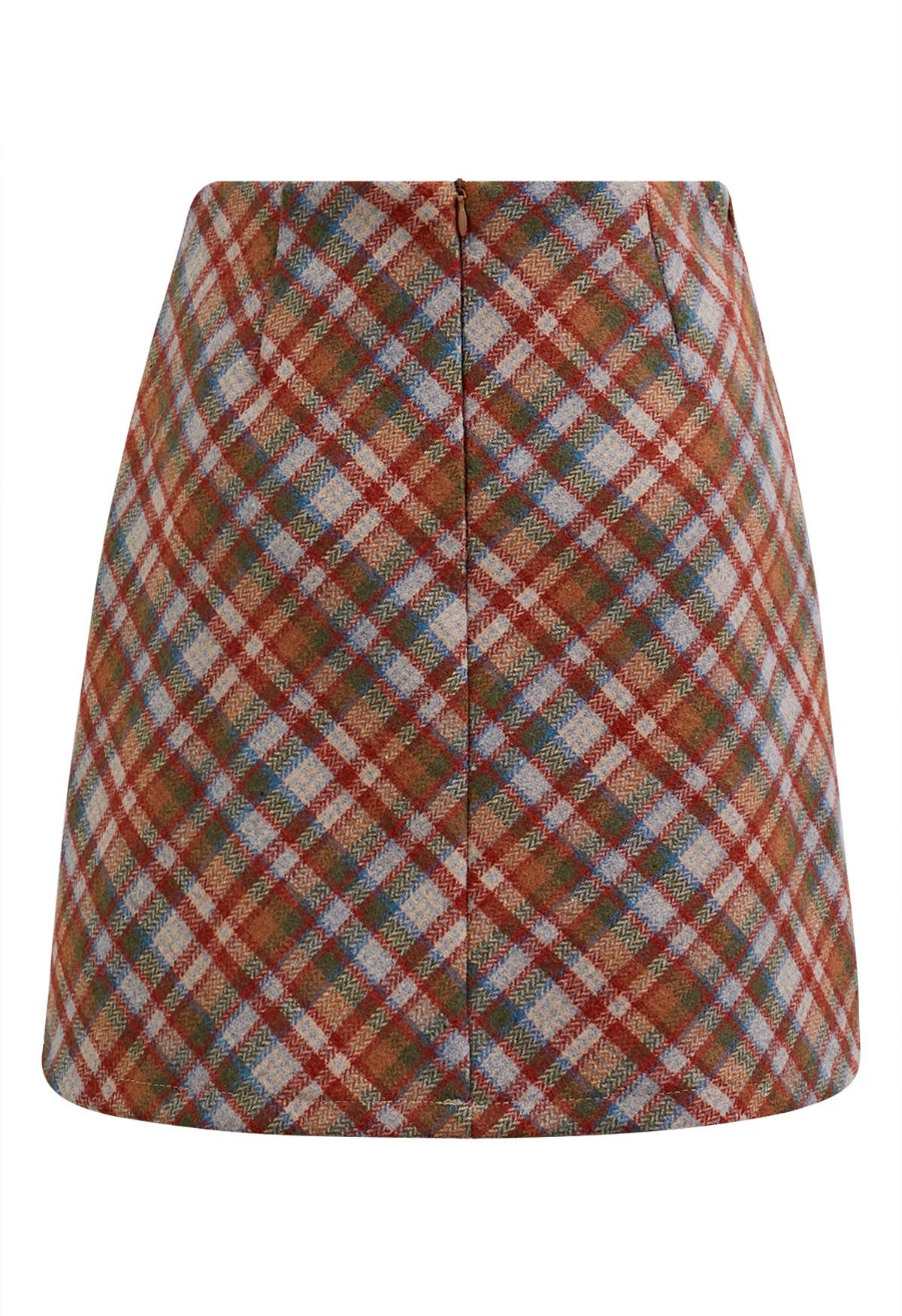 Retro Plaid Wool-Blend Mini Bud Skirt in Red