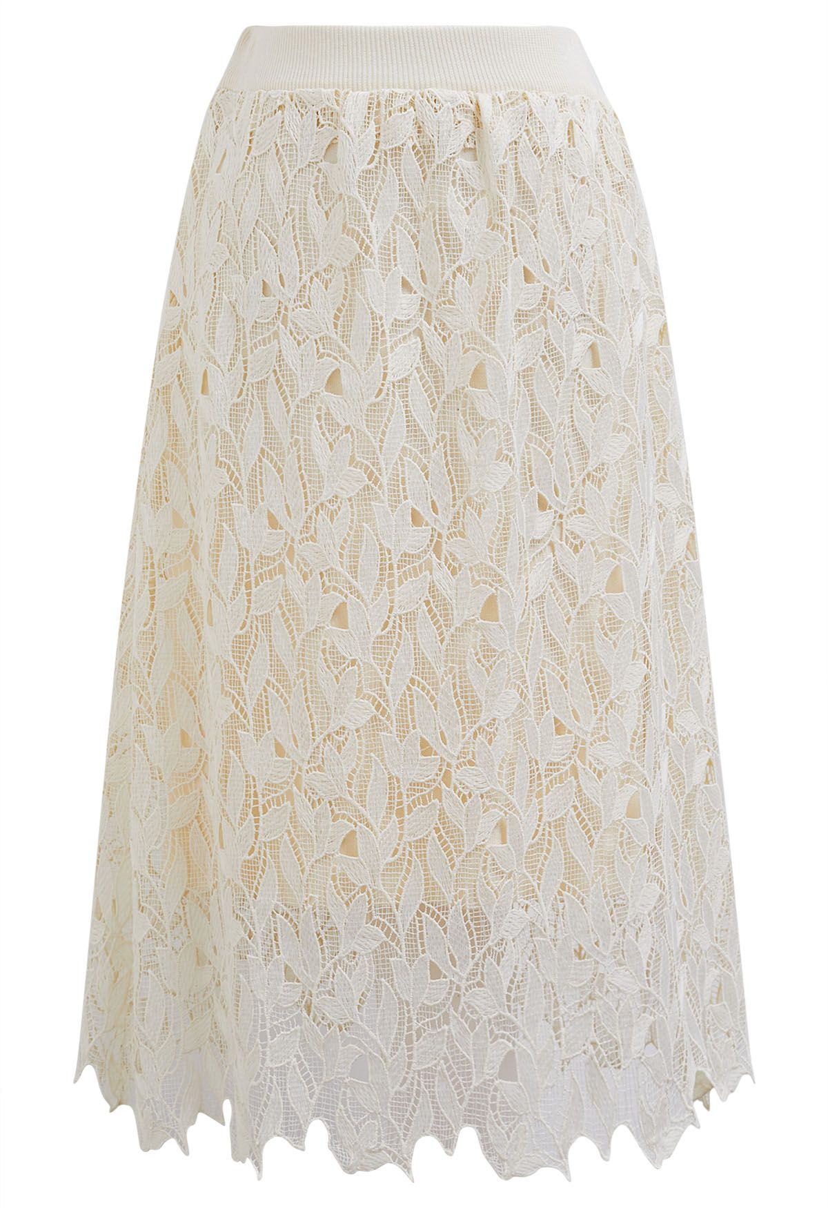 Cutwork Lace Overlay Knit Midi Skirt in Cream