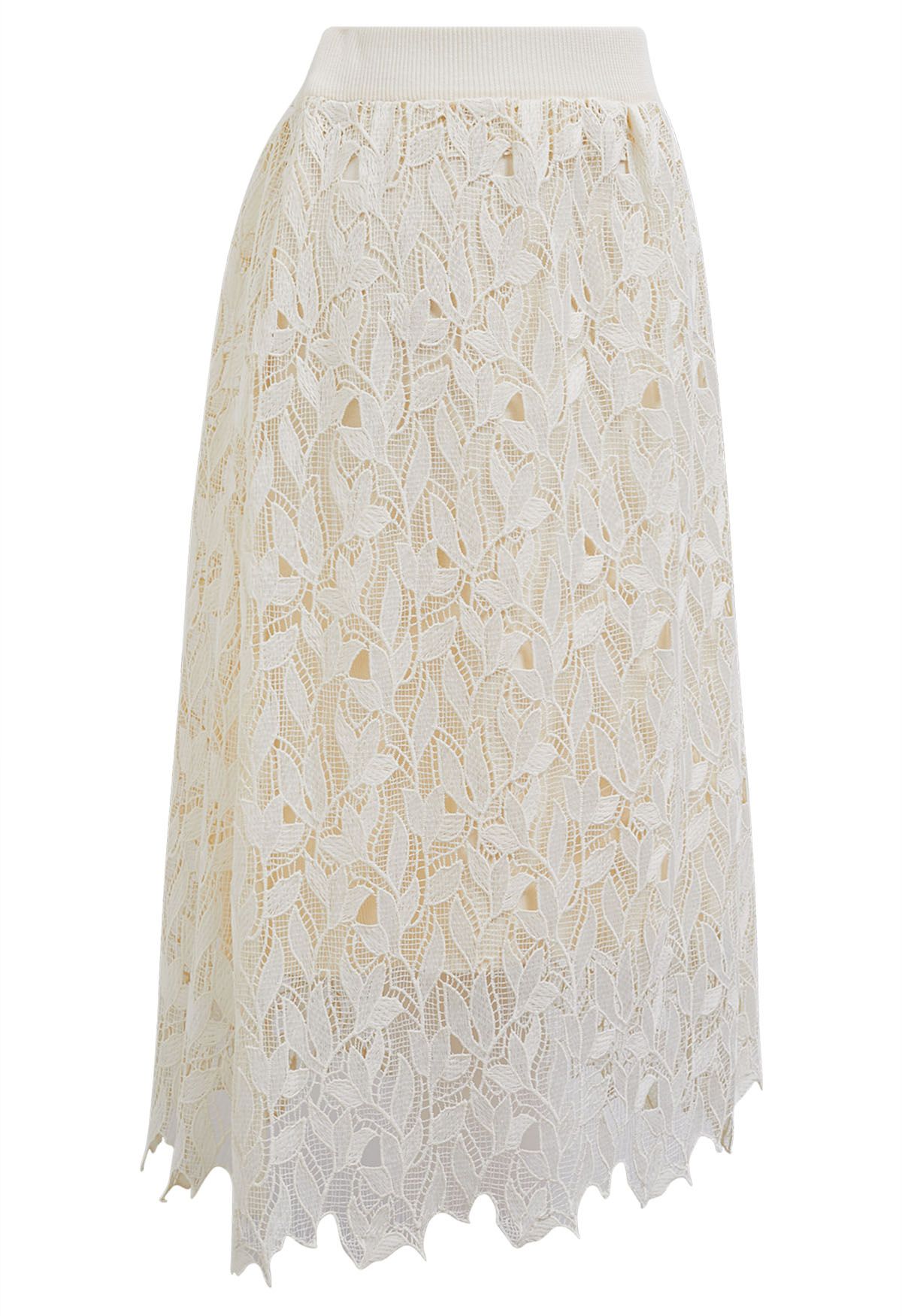 Cutwork Lace Overlay Knit Midi Skirt in Cream
