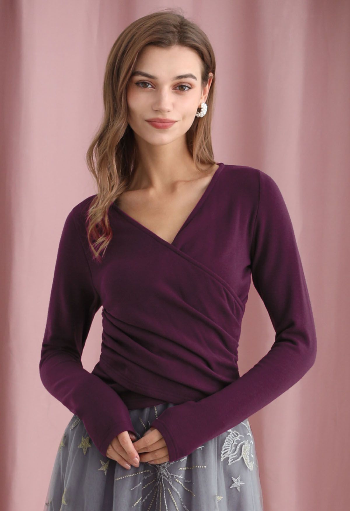 Cross V-Neck Long Sleeves Top in Purple