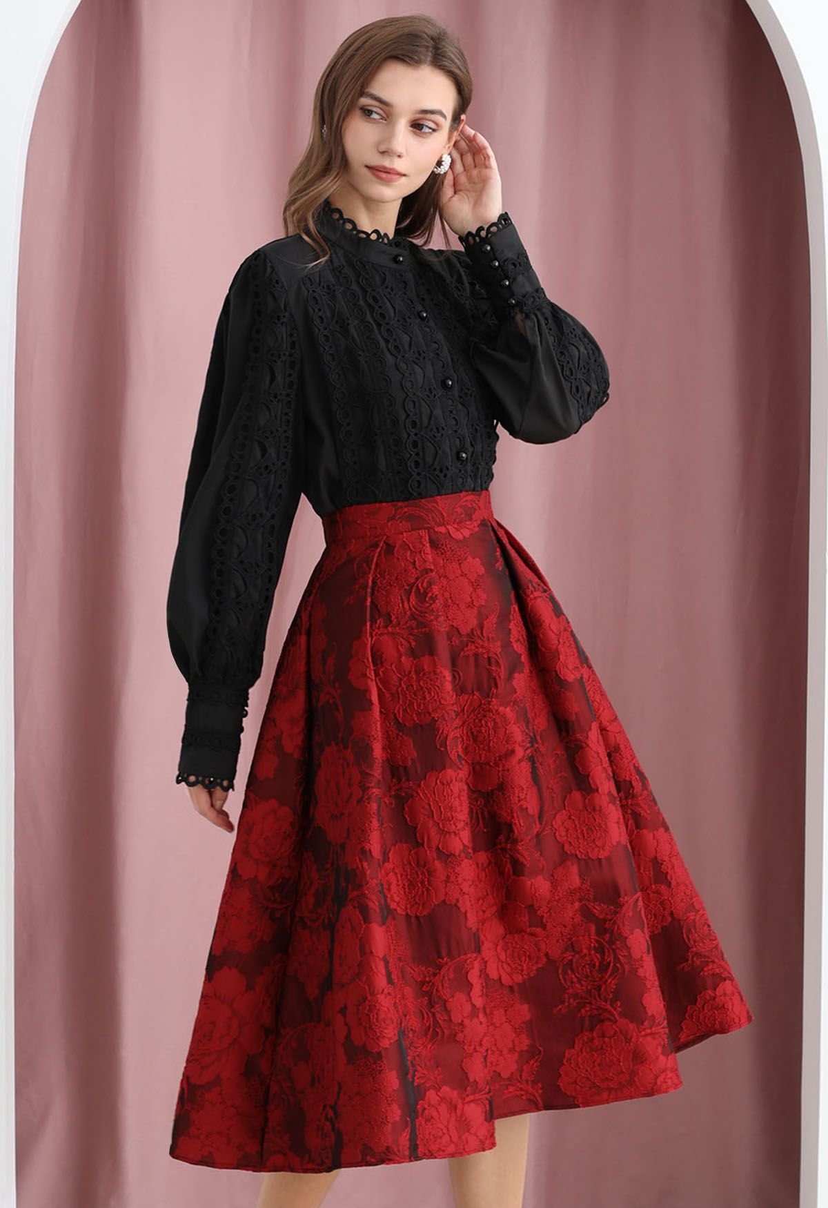 Blissful Red Floral Jacquard Pleated Midi Skirt