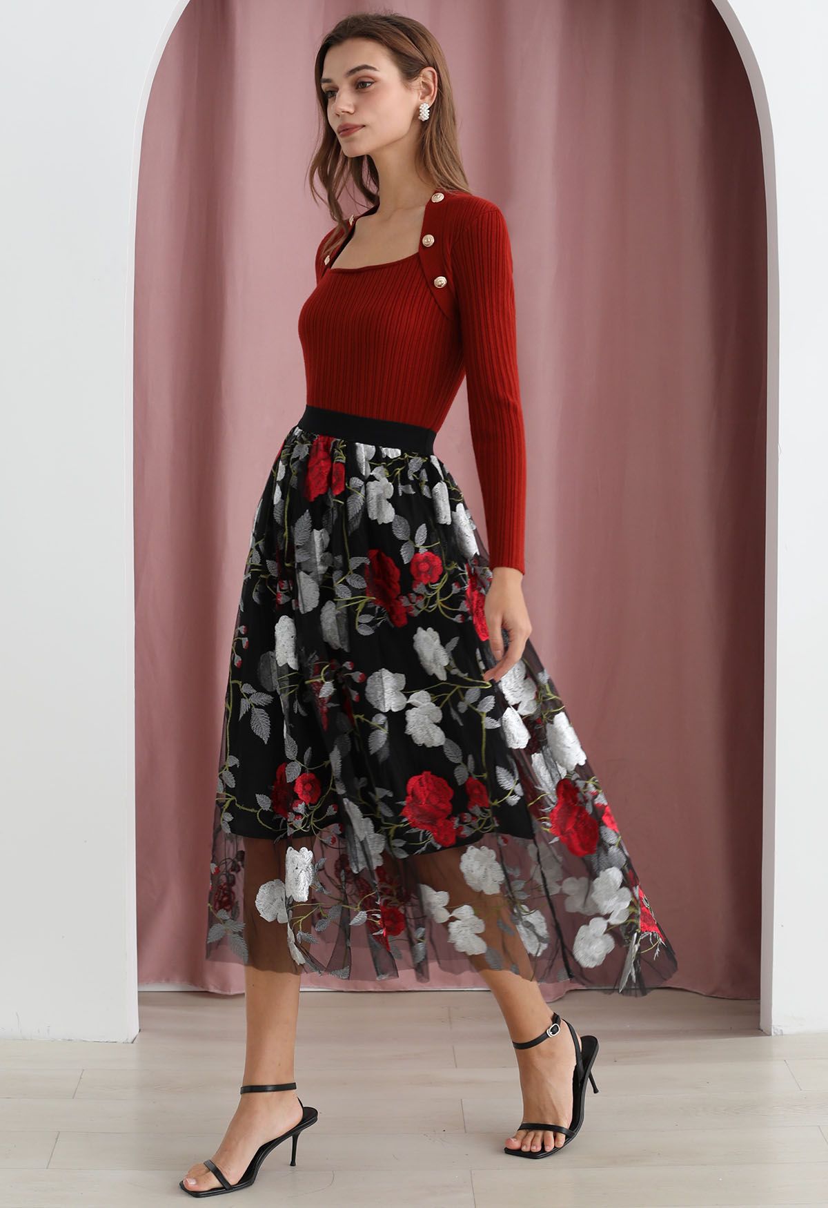 Enchanted Romance Floral Embroidered Mesh Tulle Skirt