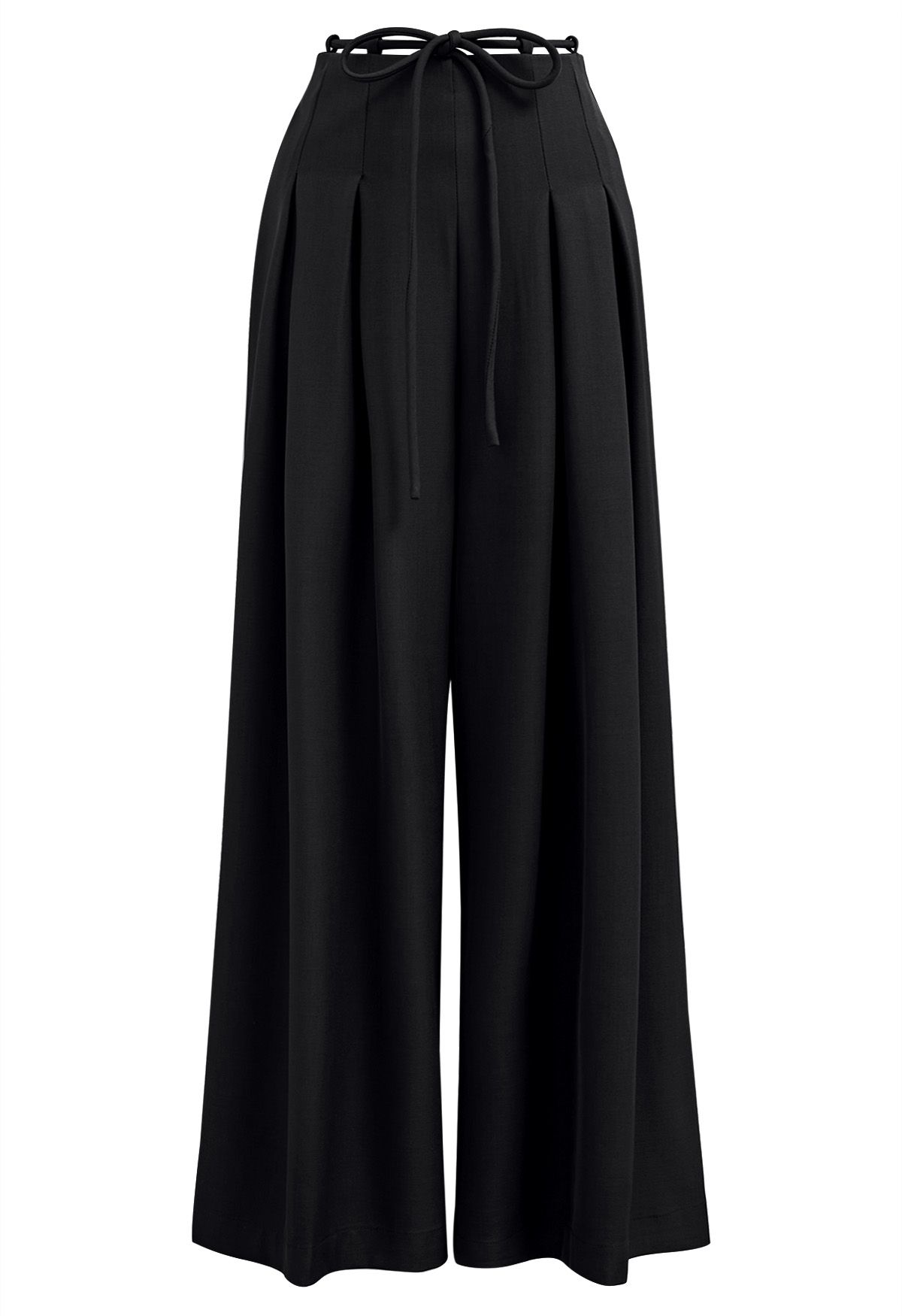 Trendy Tie-Waist Pleated Wide-Leg Pants in Black