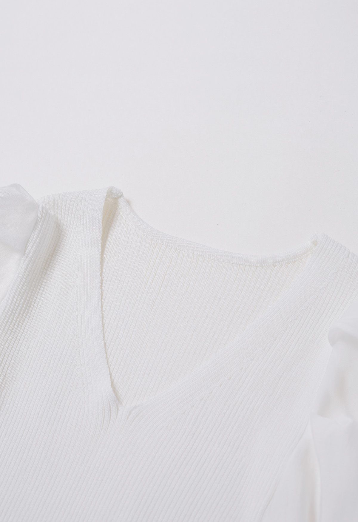 Dramatic Puff Sleeves V-Neck Spliced Knit Top in White