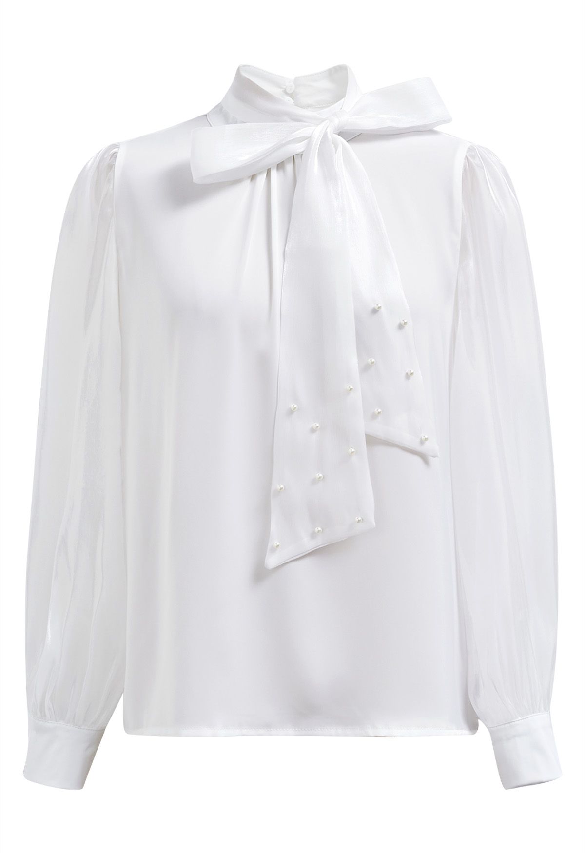 Pearly Bowknot Shiny Organza Spliced Top in White