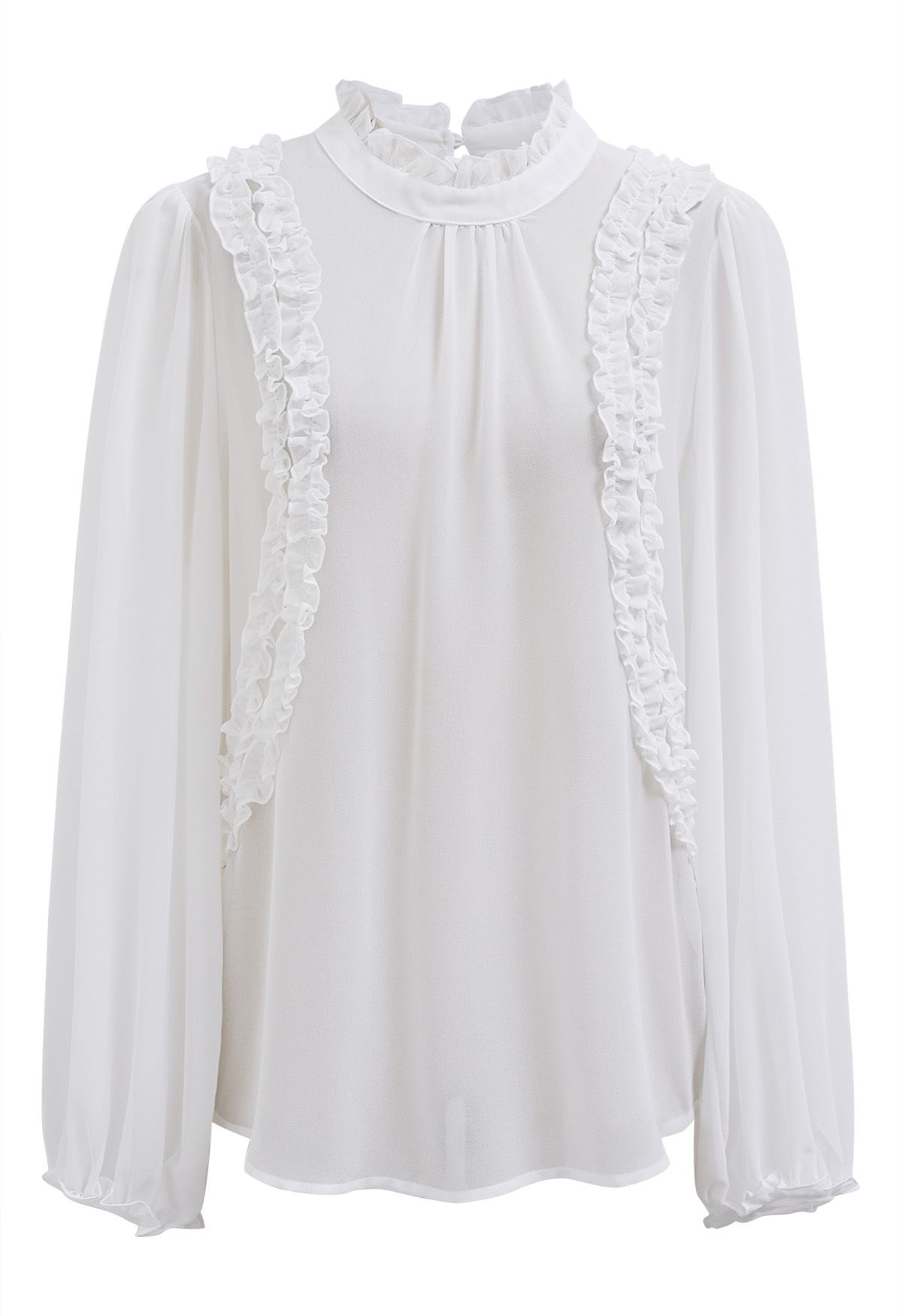 Ruffle Adorned Bubble Sleeves Chiffon Top in White