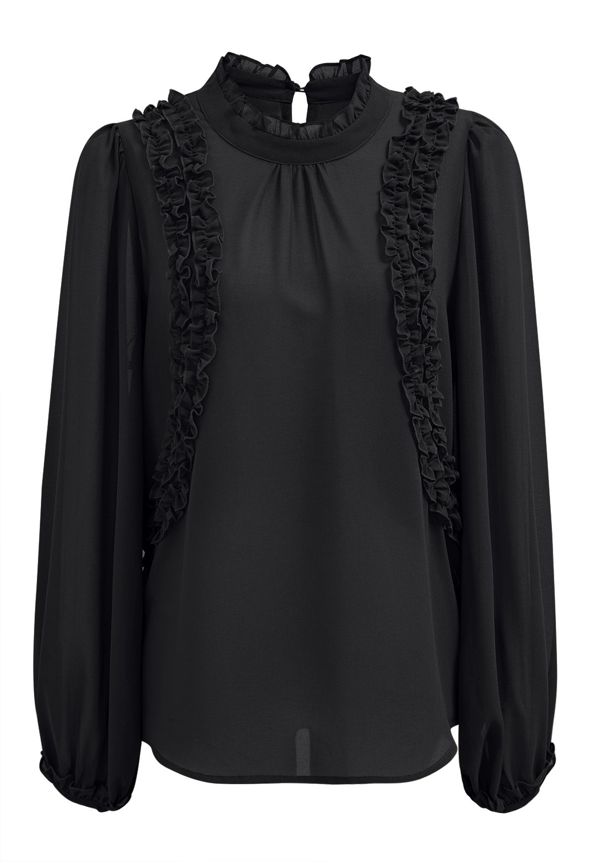 Ruffle Adorned Bubble Sleeves Chiffon Top in Black