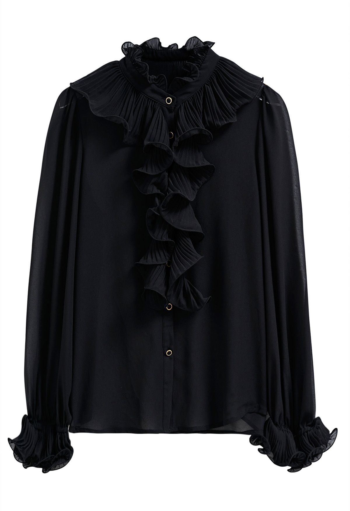 Ruffle Romance Chiffon Button-Up Shirt in Black