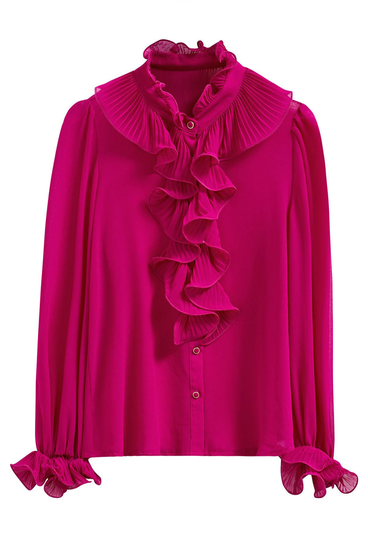 Ruffle Romance Chiffon Button-Up Shirt in Hot Pink