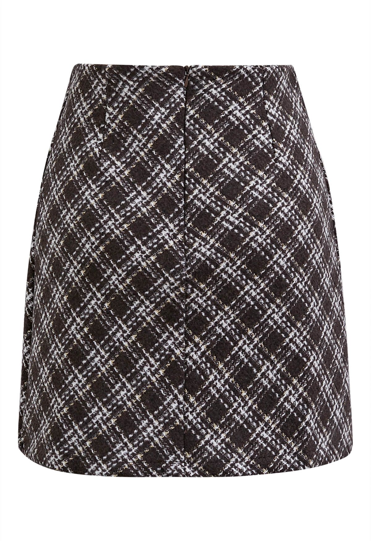 Plaid Pattern Tweed Mini Bud Skirt in Brown
