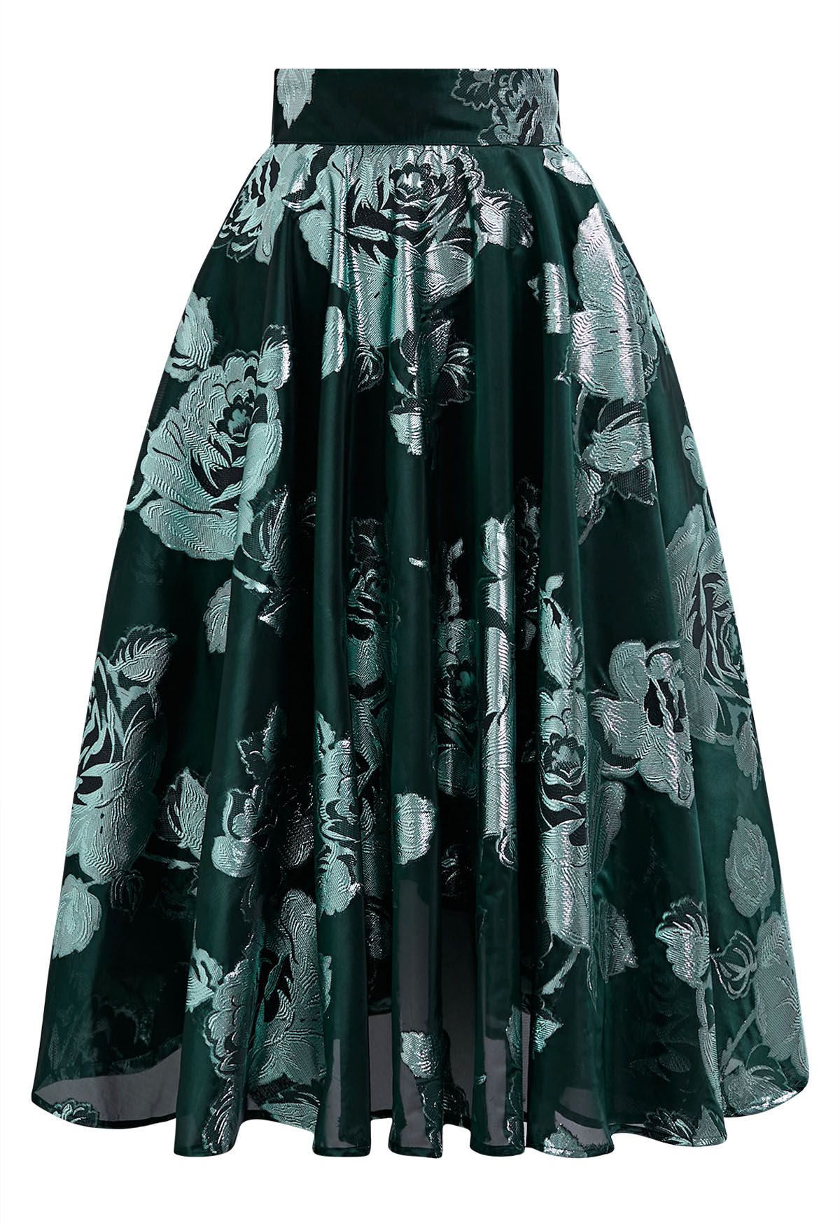 Metallic Floral Jacquard A-Line Midi Skirt in Dark Green