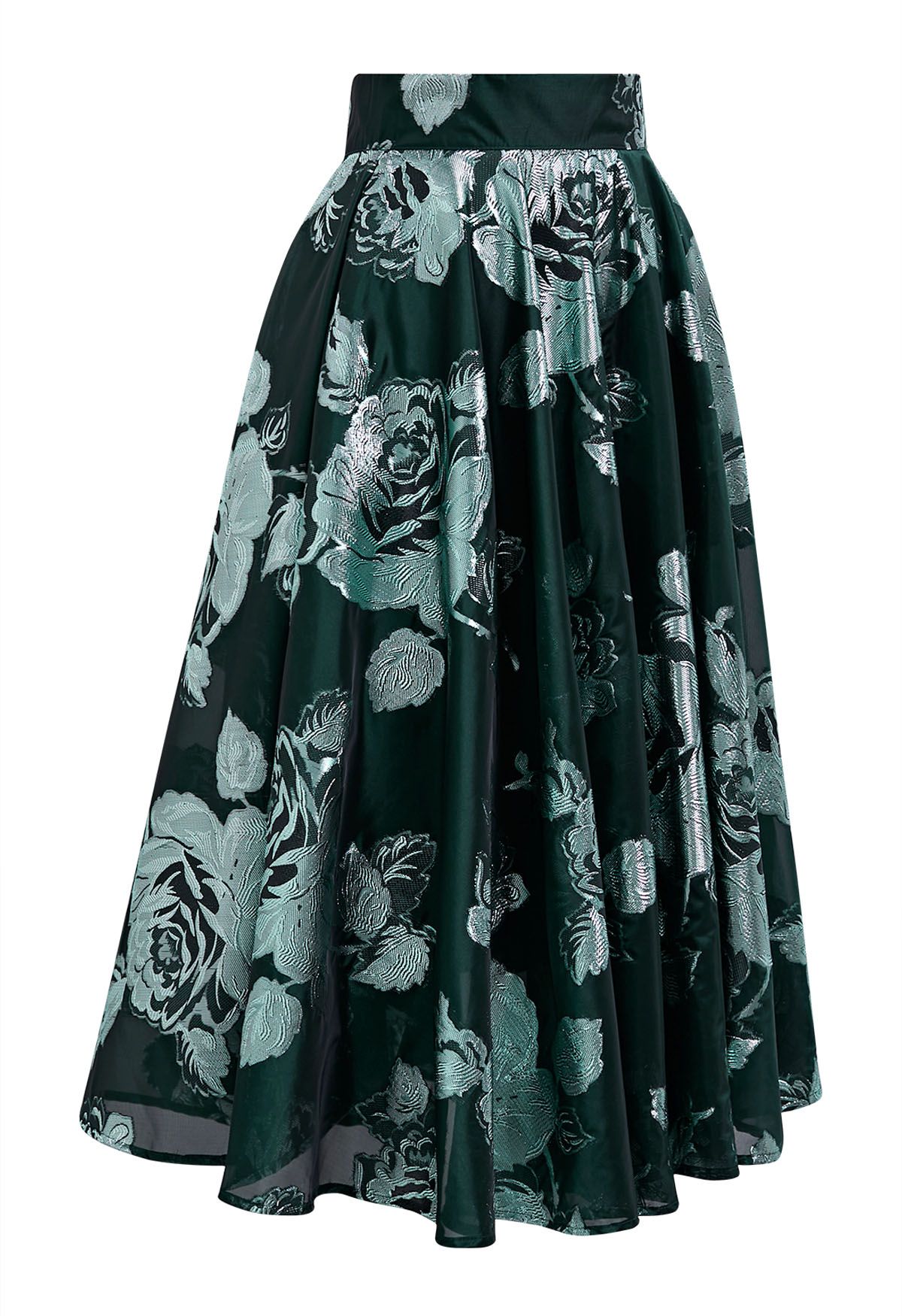 Metallic Floral Jacquard A-Line Midi Skirt in Dark Green