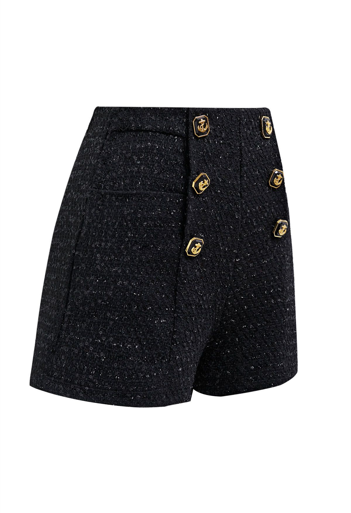 Button Decorated Sequined Tweed Shorts in Black
