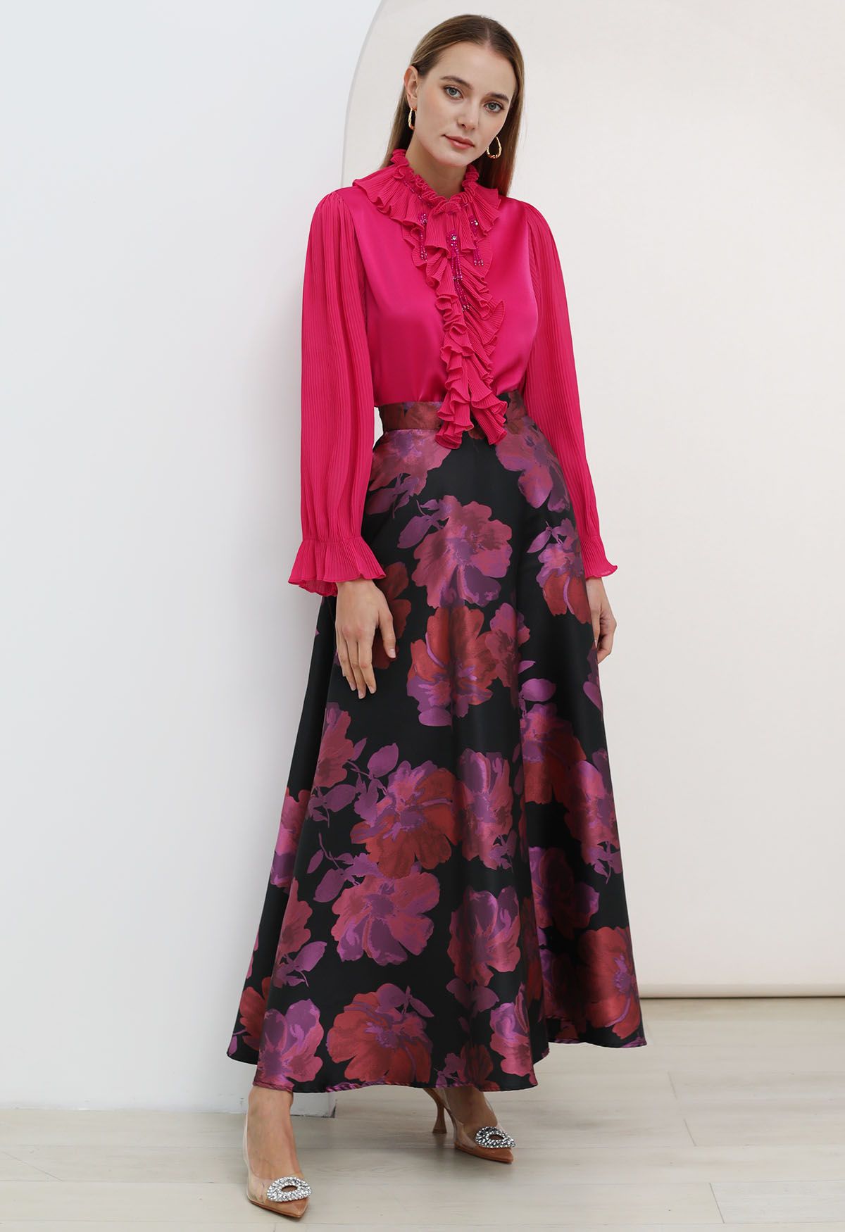 Floral Melody Jacquard A-Line Maxi Skirt in Magenta