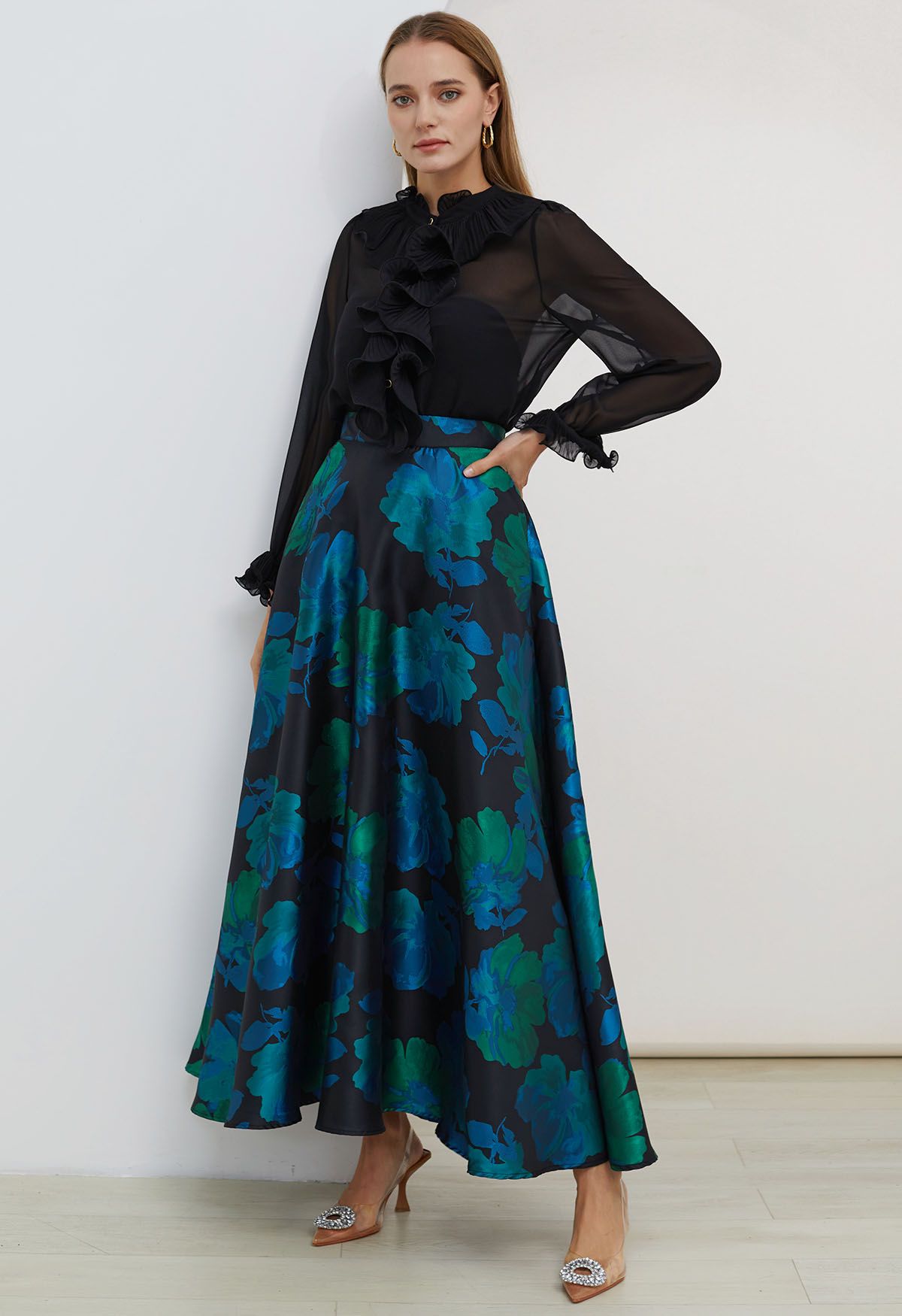 Floral Melody Jacquard A-Line Maxi Skirt in Teal