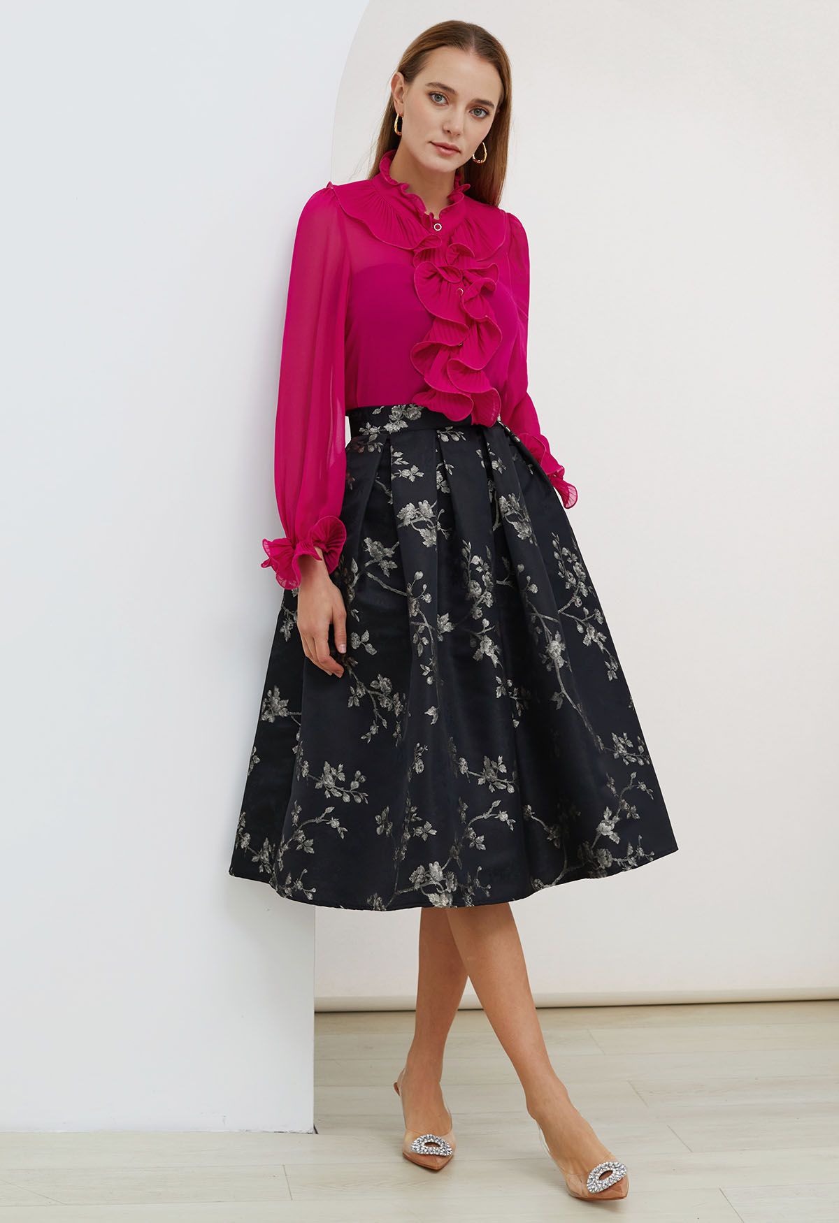 Floral Branch Jacquard Pleated Midi Skirt