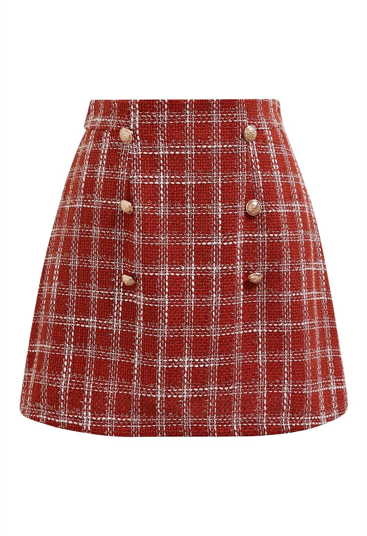 Golden Buttons Red Check Tweed Mini Skirt