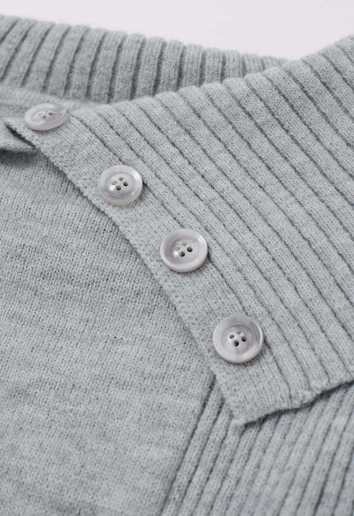 Flap Buttoned Collar Knit Crop Top in Grey