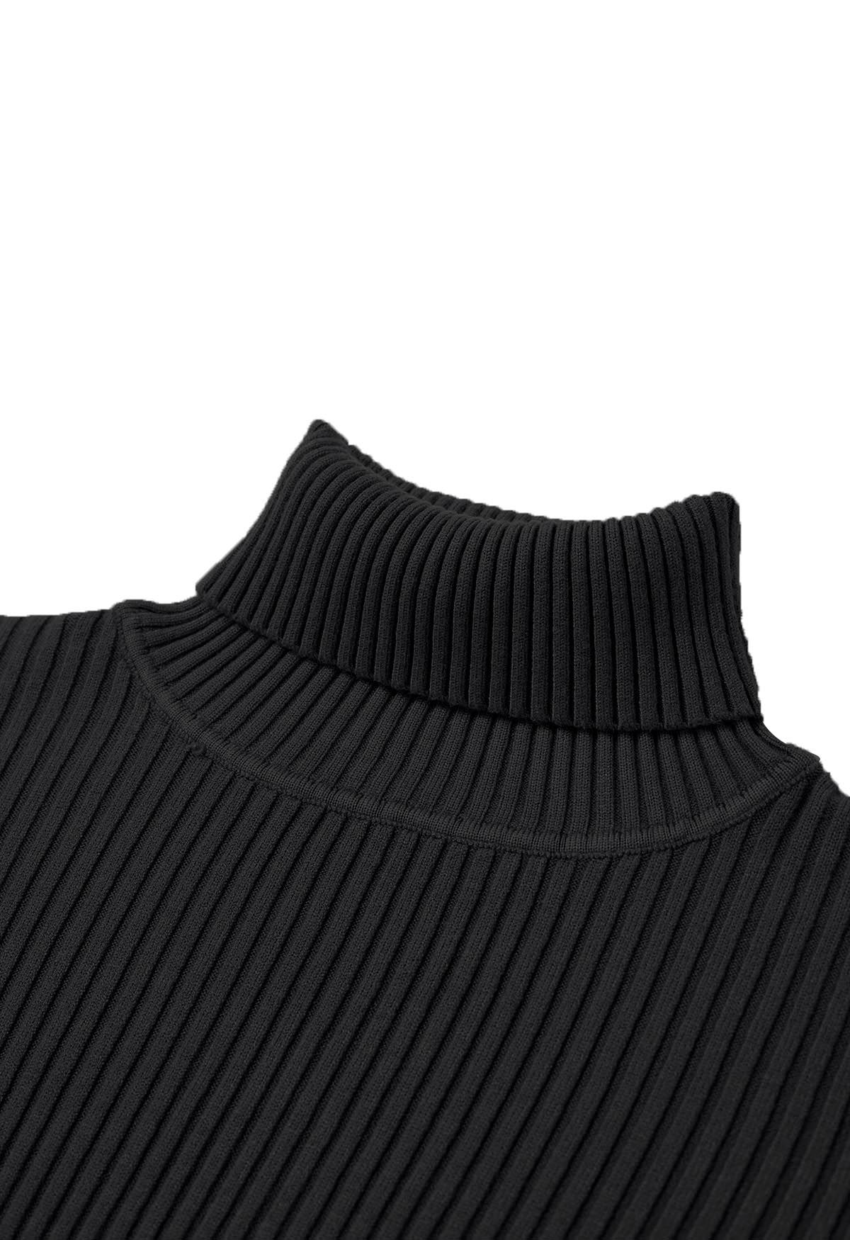 Versatile Turtleneck Ribbed Knit Sweater in Black