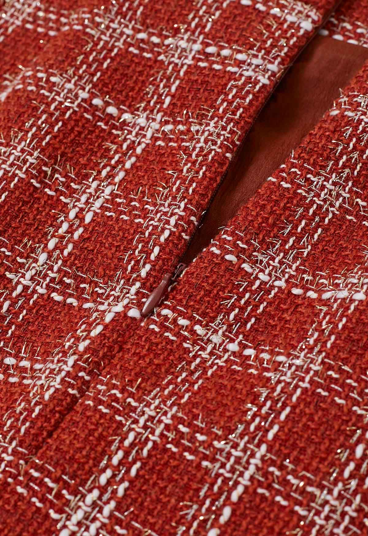 Golden Buttons Red Check Tweed Mini Skirt
