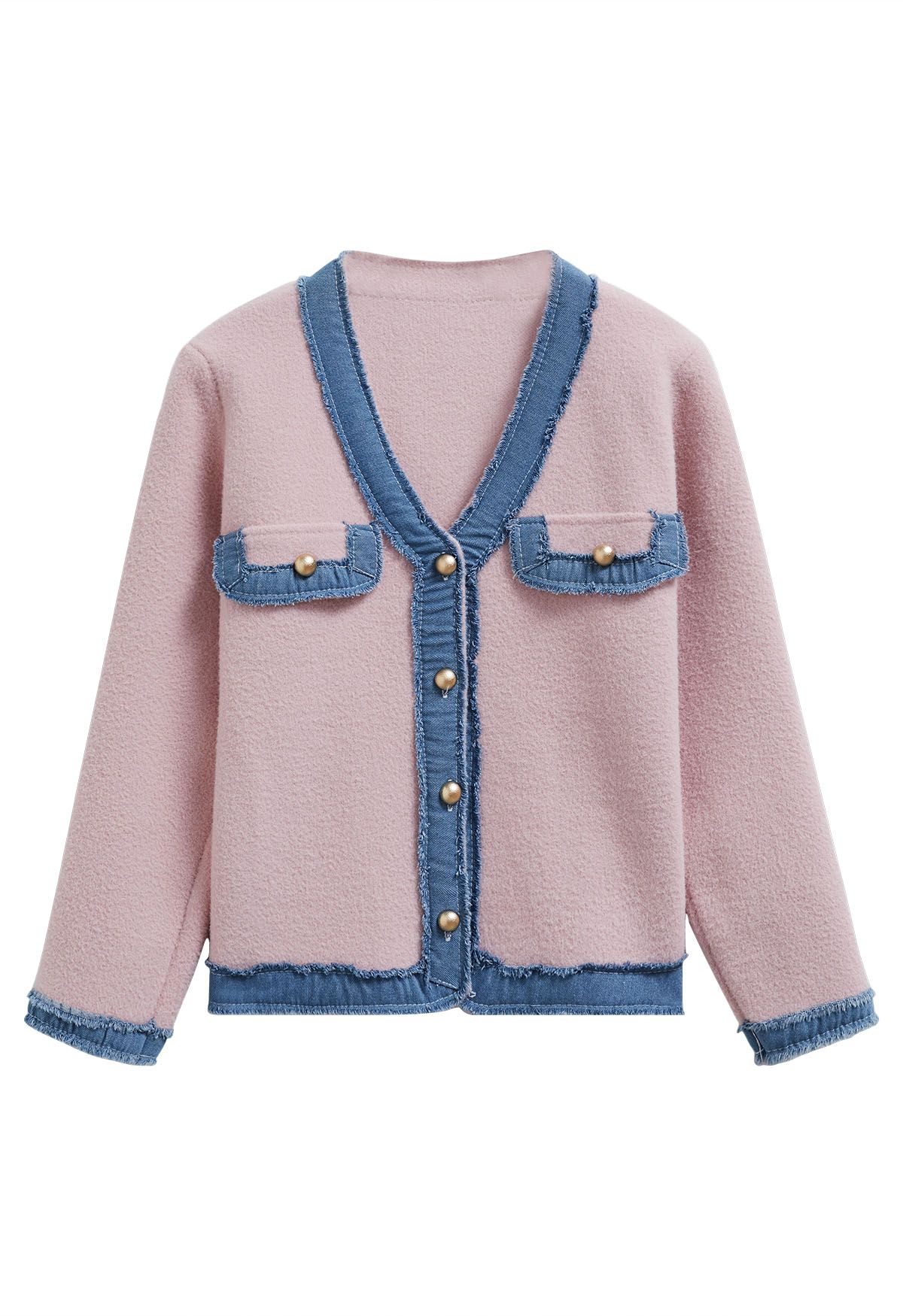 Frayed Denim Edge Spliced Button Knit Cardigan in Pink