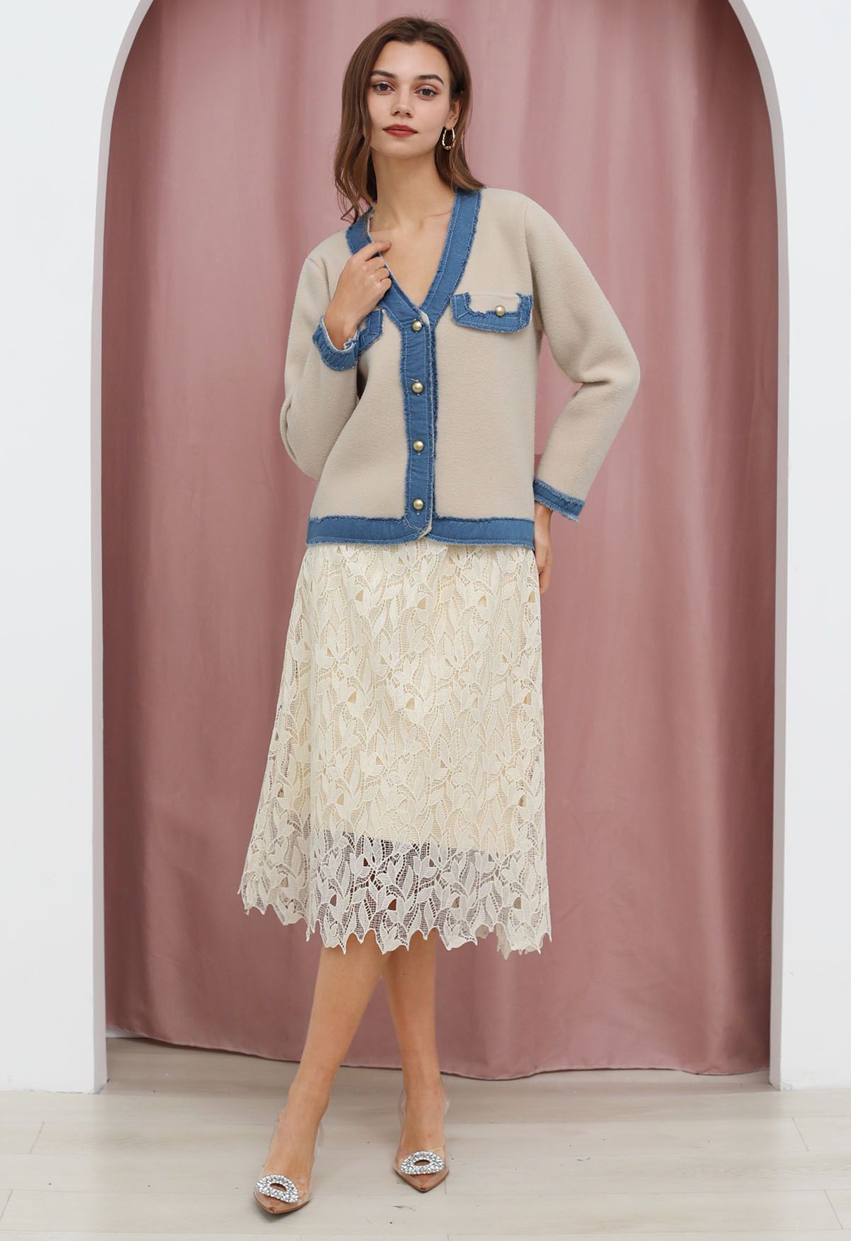 Frayed Denim Edge Spliced Button Knit Cardigan in Cream