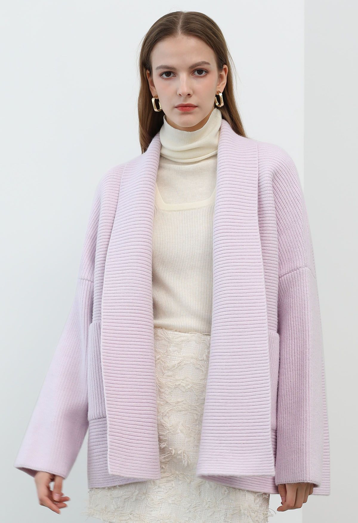 Shawl Collar Ribbed Knit Cardigan in Lilac