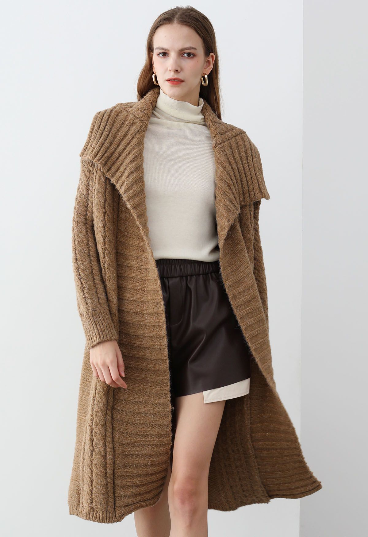 Flap Collar Cable Knit Longline Cardigan in Brown