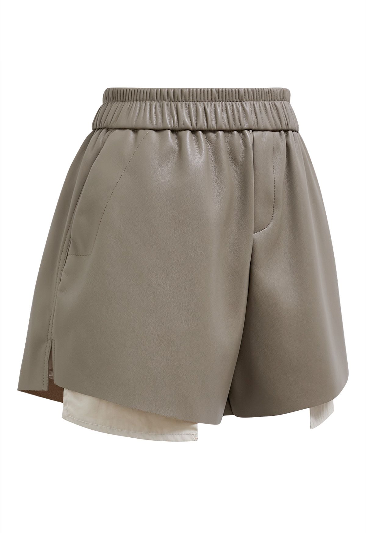 Contrast Hem Faux Leather Shorts in Taupe