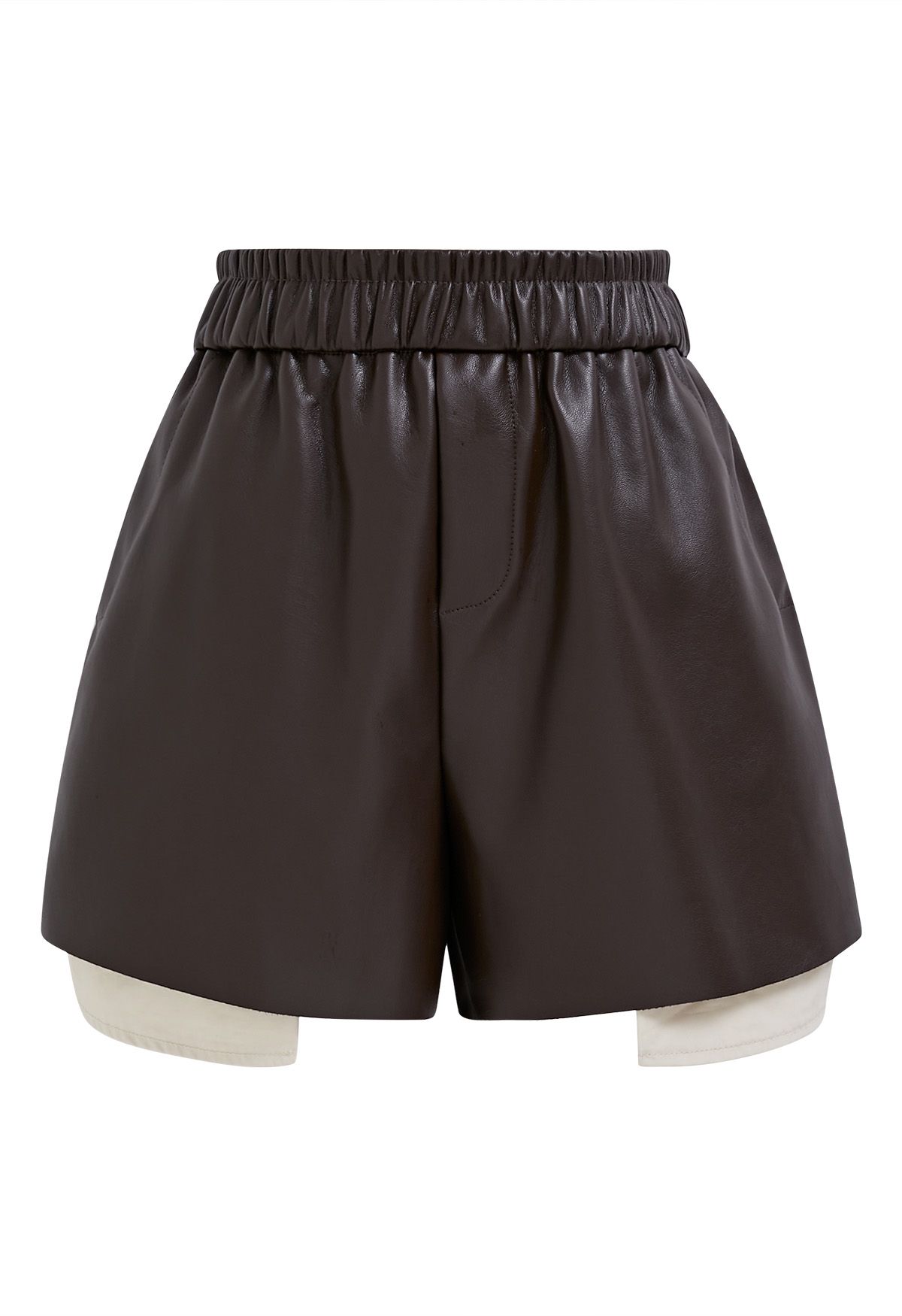 Contrast Hem Faux Leather Shorts in Brown