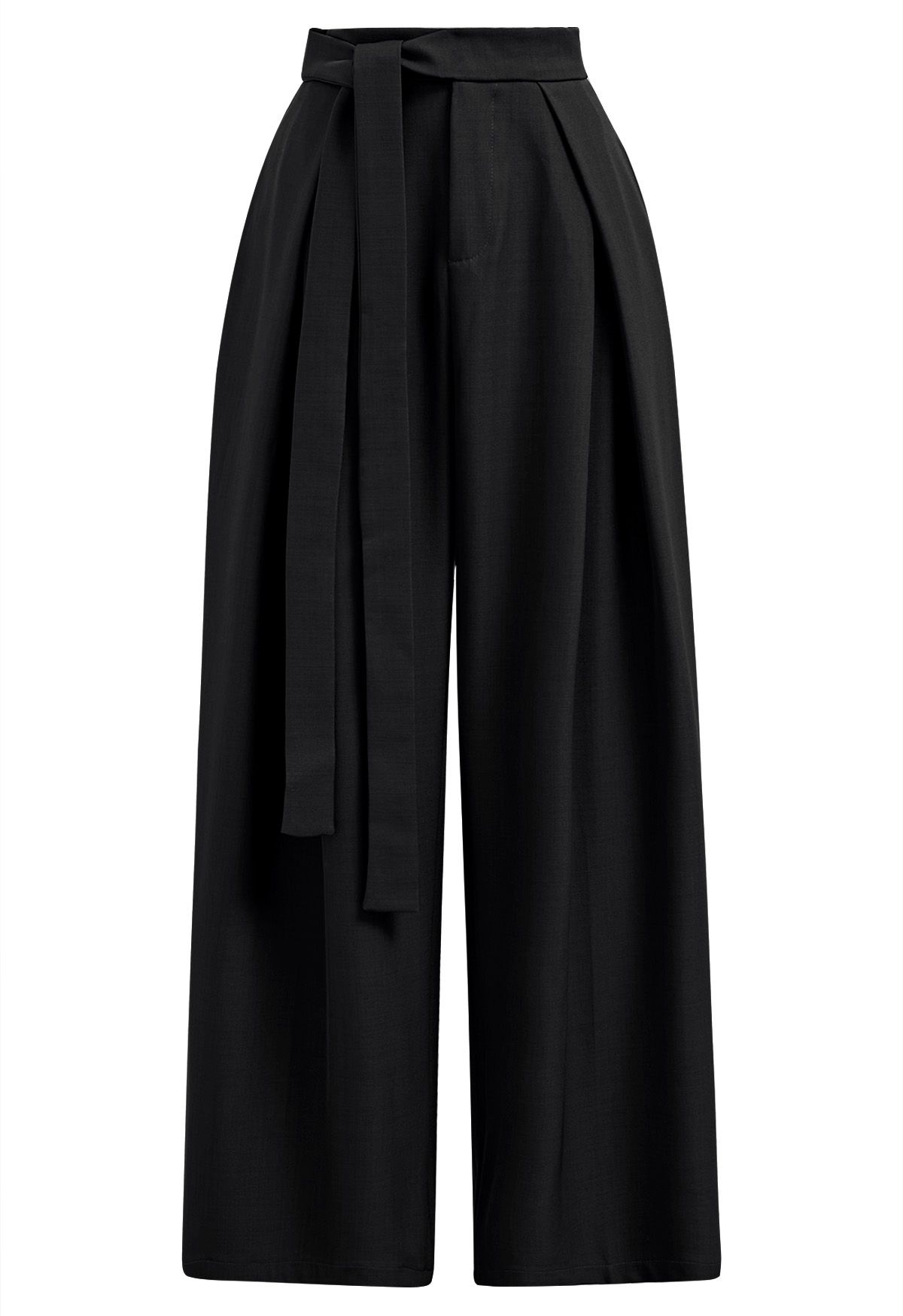 Fixed Belted Side Pockets Straight-Leg Pants in Black