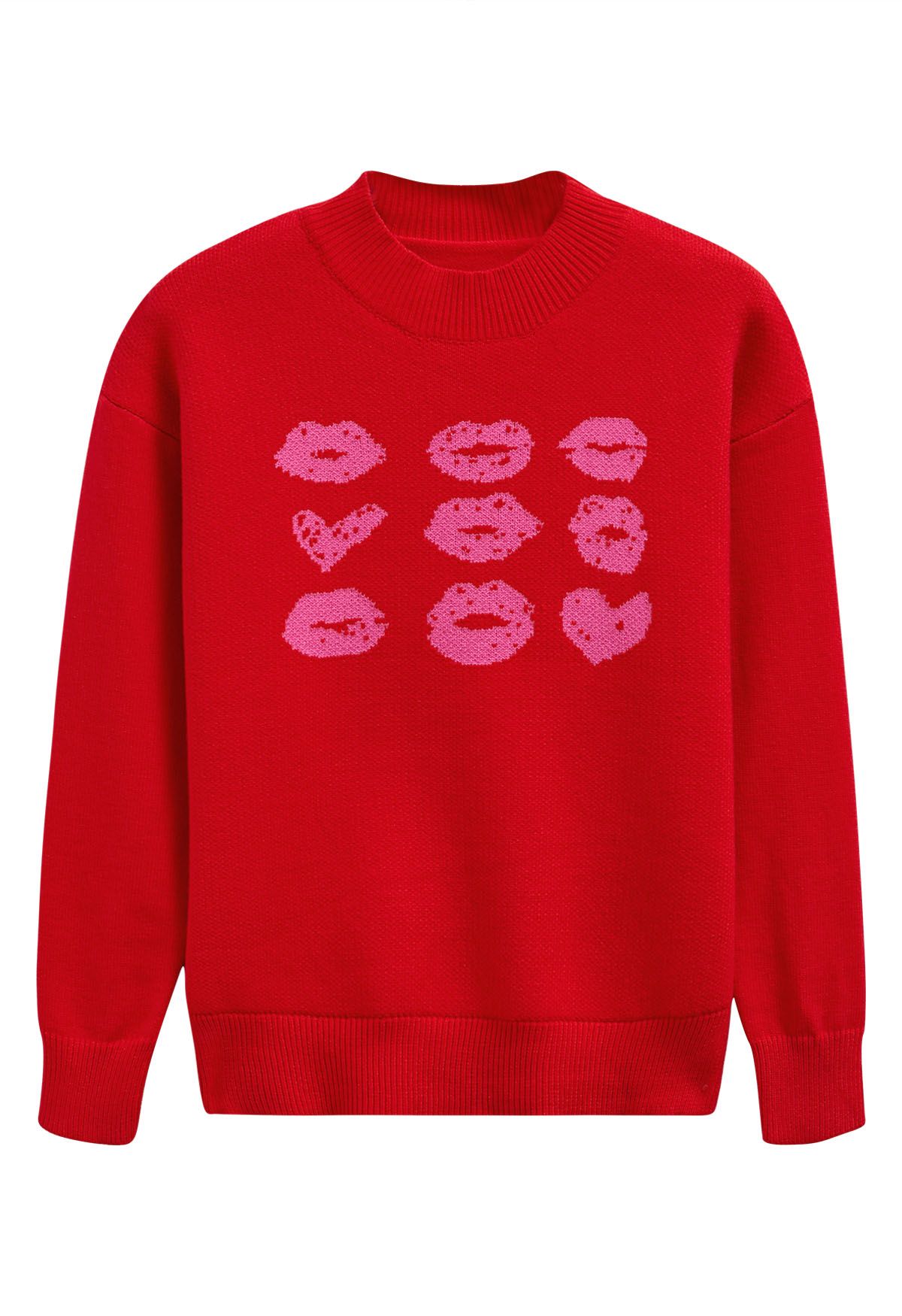 Red Lips Pattern Knit Sweater in Red