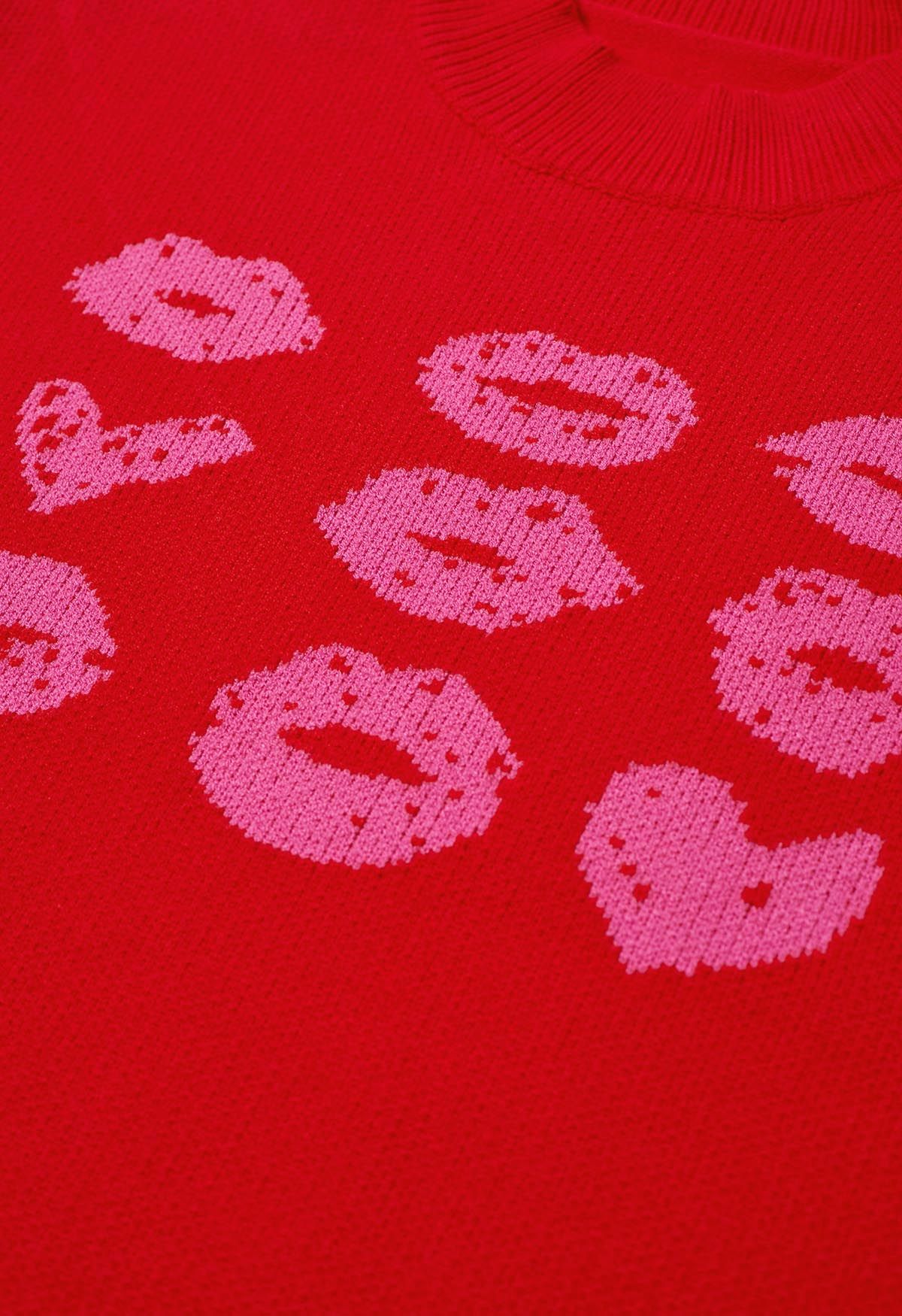 Red Lips Pattern Knit Sweater in Red