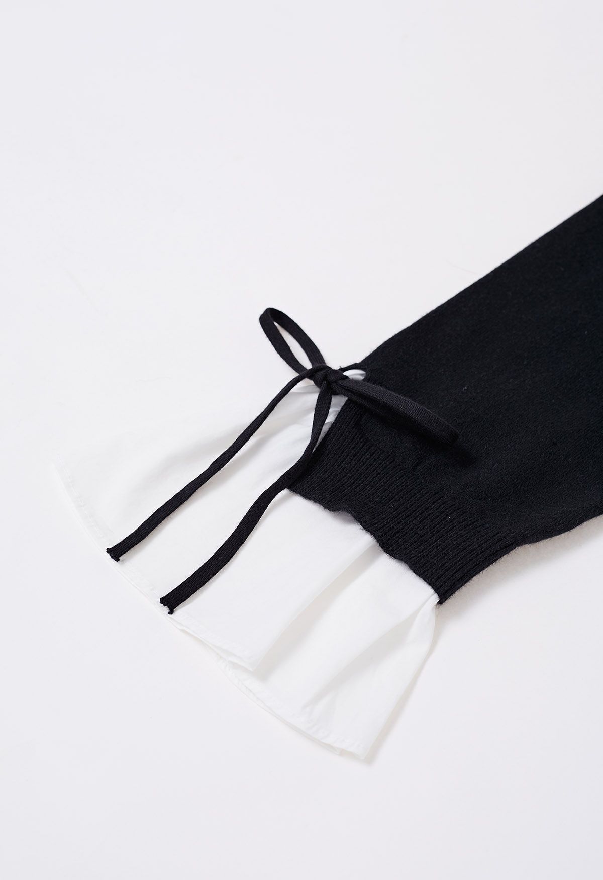 Tie-String Cuffs Spliced Cotton Hem Knit Top in Black