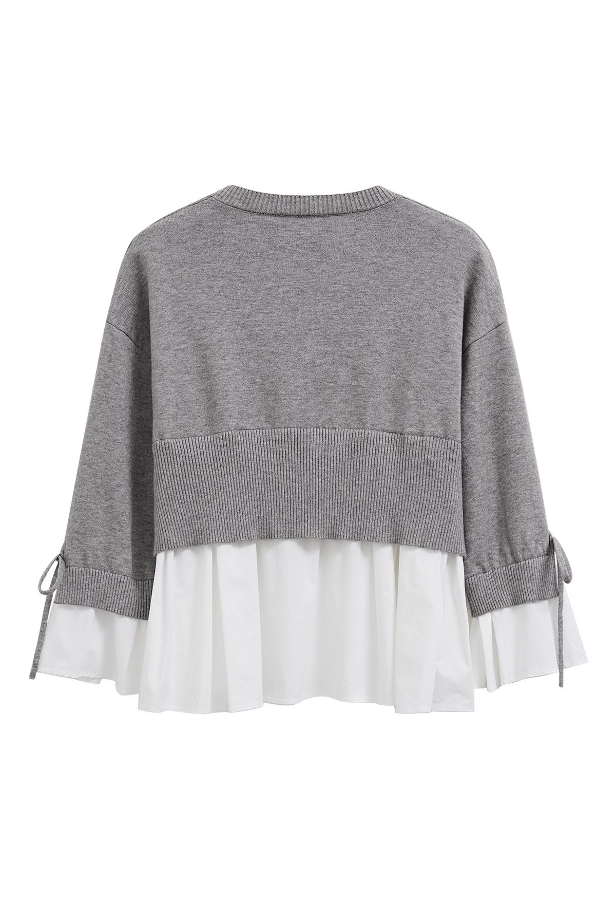 Tie-String Cuffs Spliced Cotton Hem Knit Top in Grey