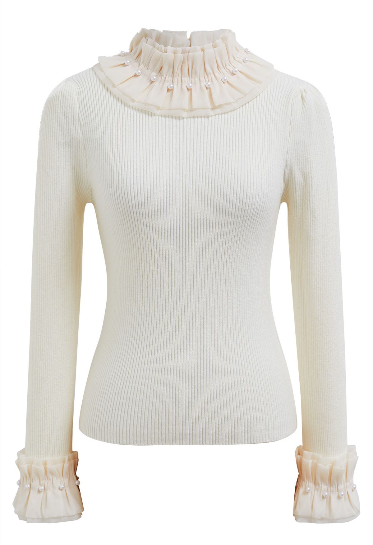 Pearl Ruffle Organza Adorned Knit Top in Cream