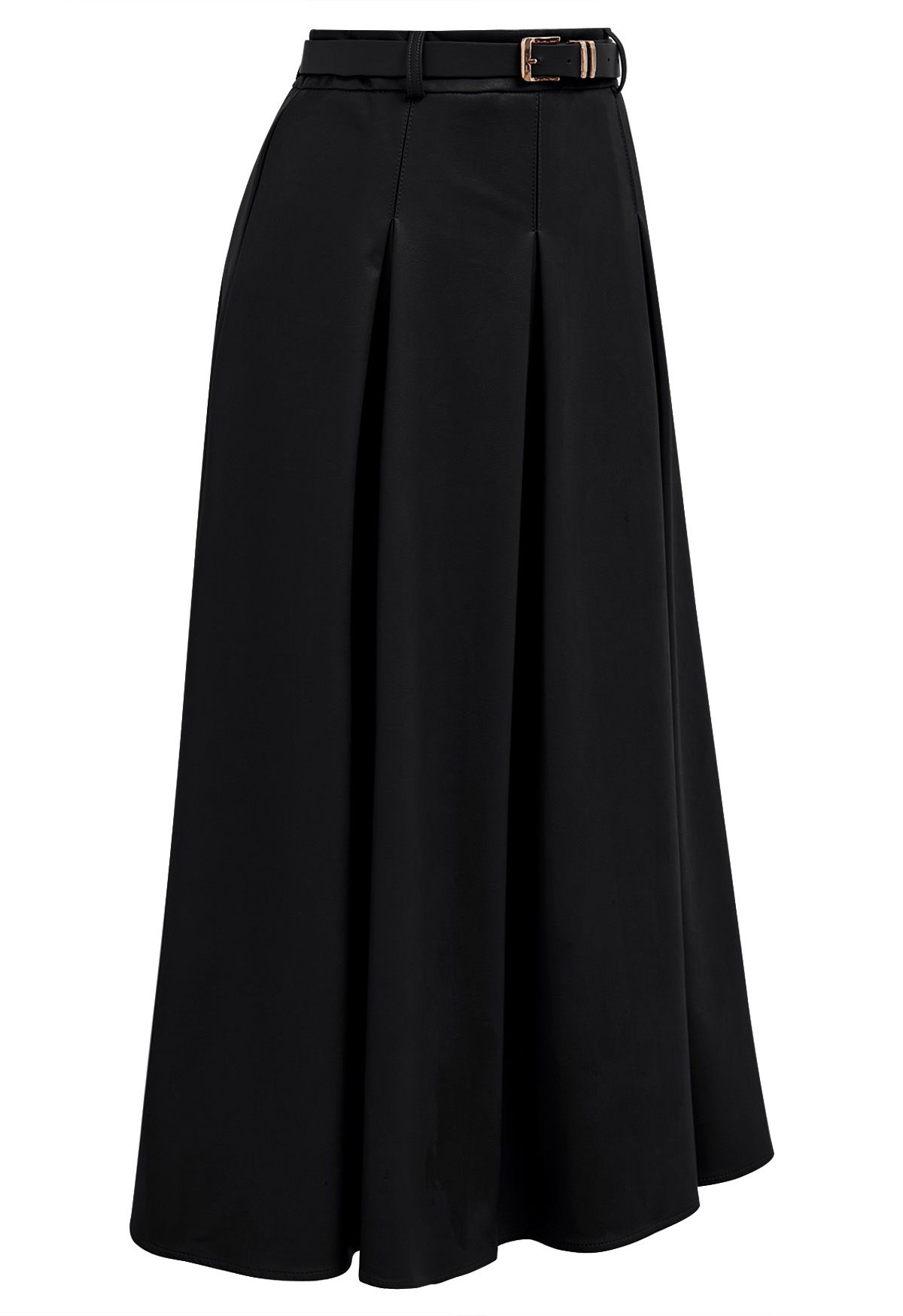 Faux Leather Pleated Belted Midi Skirt in Black