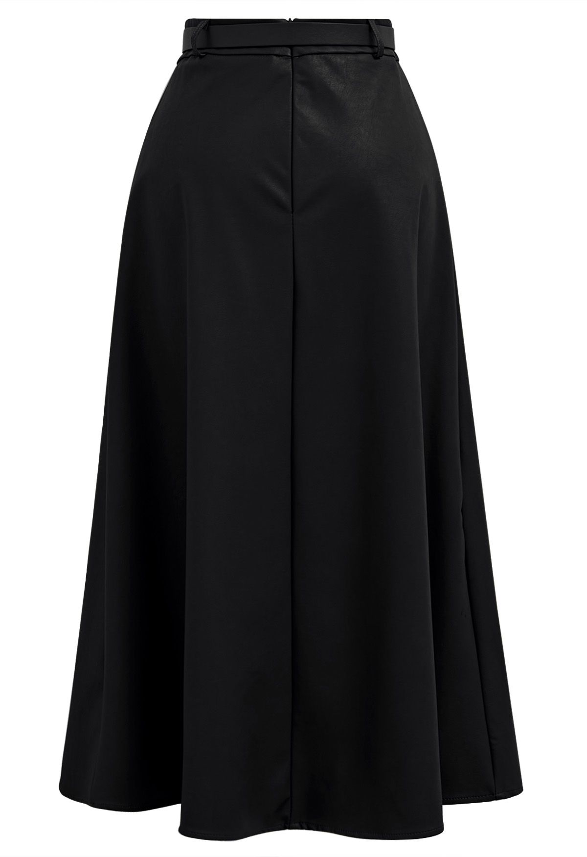 Faux Leather Pleated Belted Midi Skirt in Black